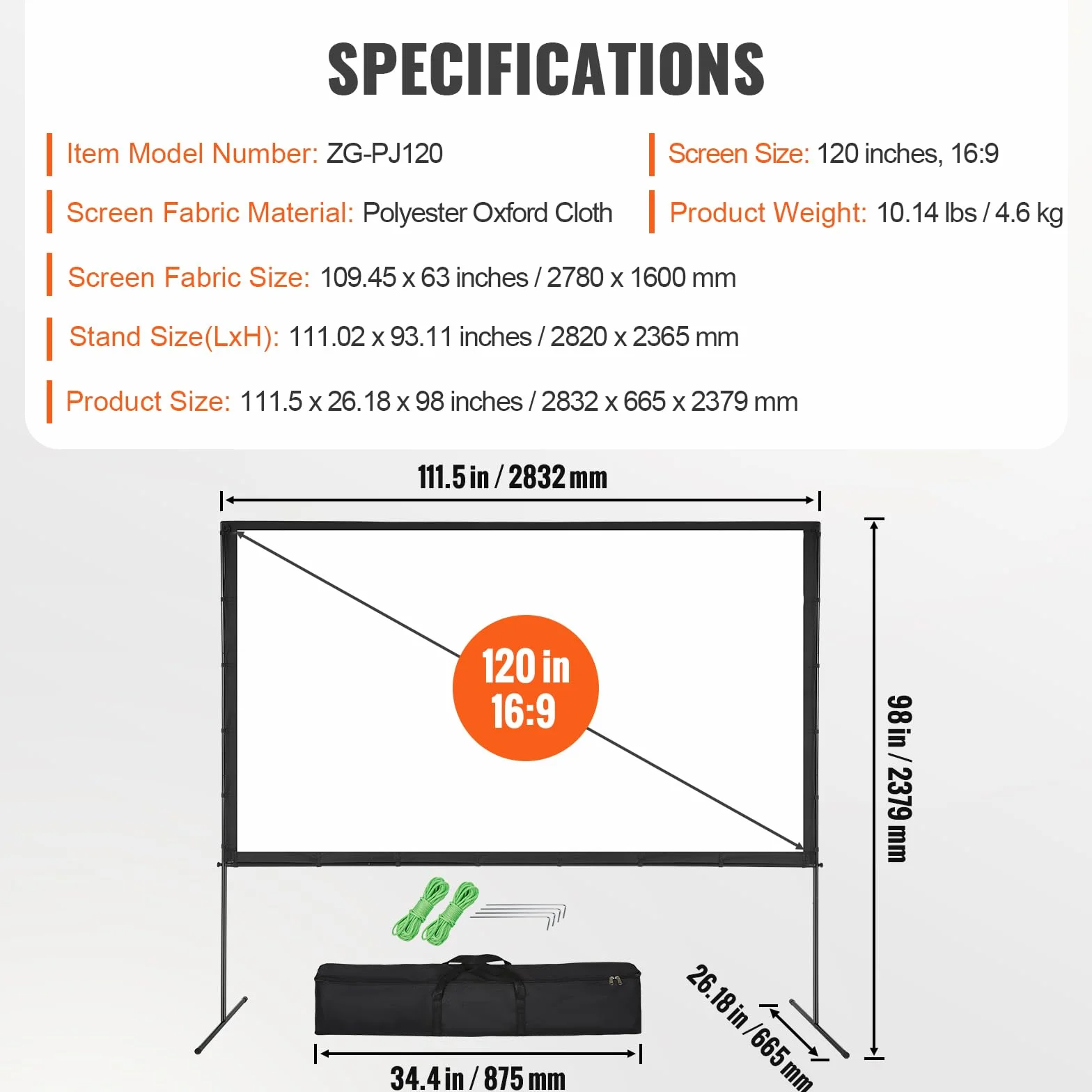 VEVOR Ekran projektora ze stojakiem, 304.8 cm 16:9 4K 1080 HD, zewnętrzny ekran filmowy ze stojakiem, bez zagnieceń, ekran projekcyjny z nóżkami barowymi i torbą do przenoszenia, do kina domowego, na