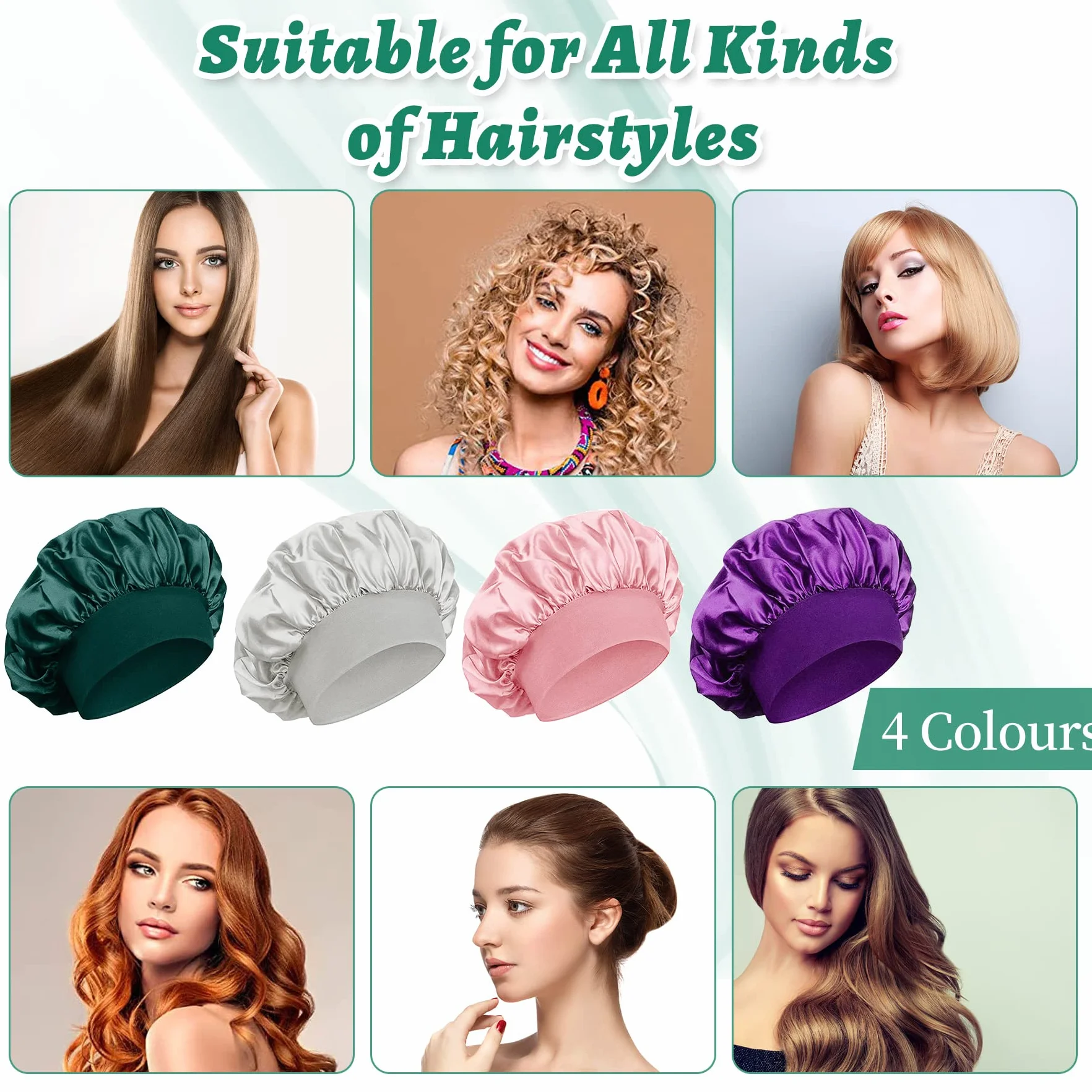4 Stück Satin Haarhaube Nacht Schlafhaube mit 4er Elastische Haargummis, Verstellbare Schlafmütze Satin Bonnet Nachtmütze Haube Duschhaube Schlafkappe Seidenhaube für Damen und Mädchen