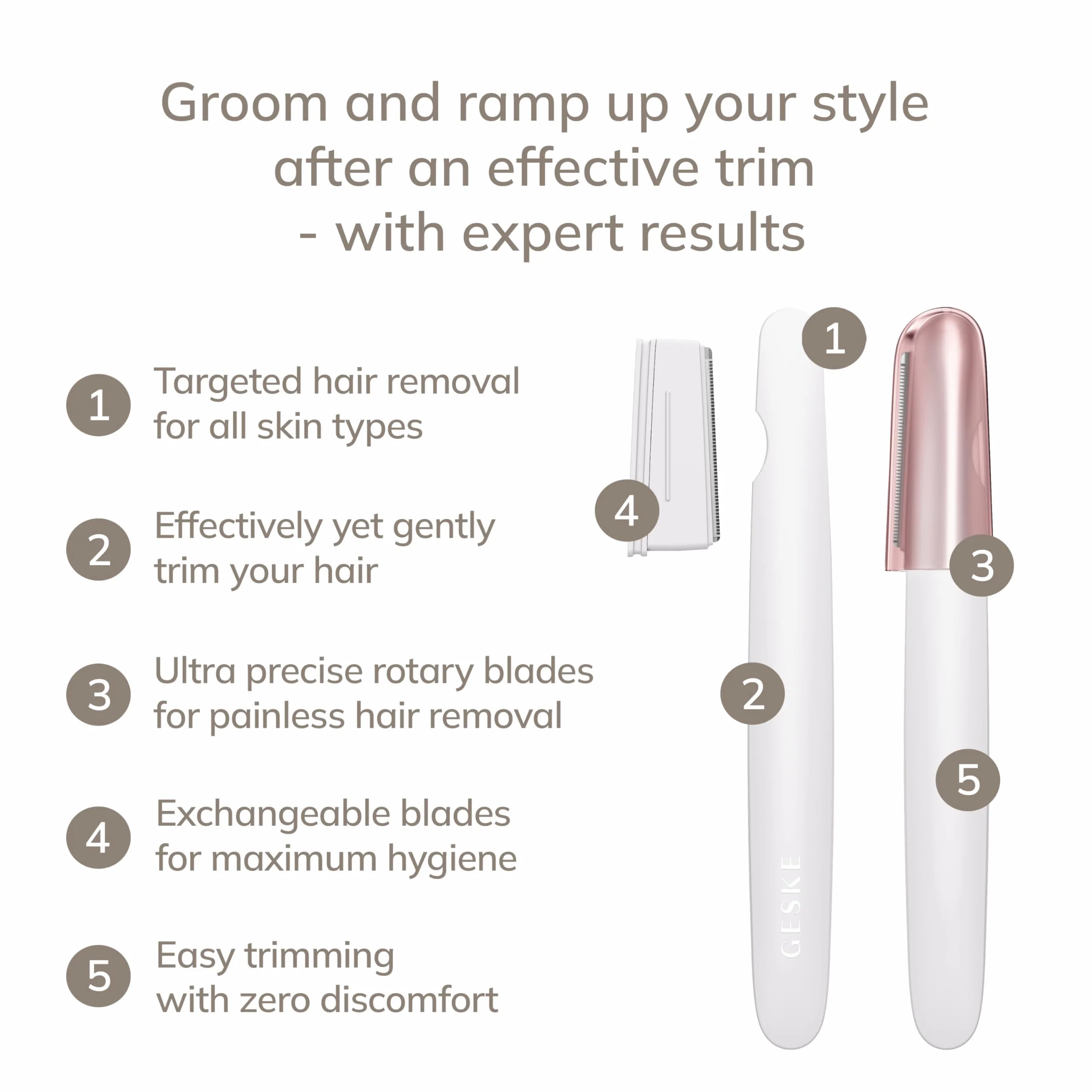 GESKE Precision Trimmer | 4 in 1 | Bezbolesne, higieniczne narzędzie do przycinania włosów | Twarz i ciało | Mężczyźni i kobiety | Hipoalergiczne, łatwe do wymiany ostrza | Wszystkie rodzaje skóry