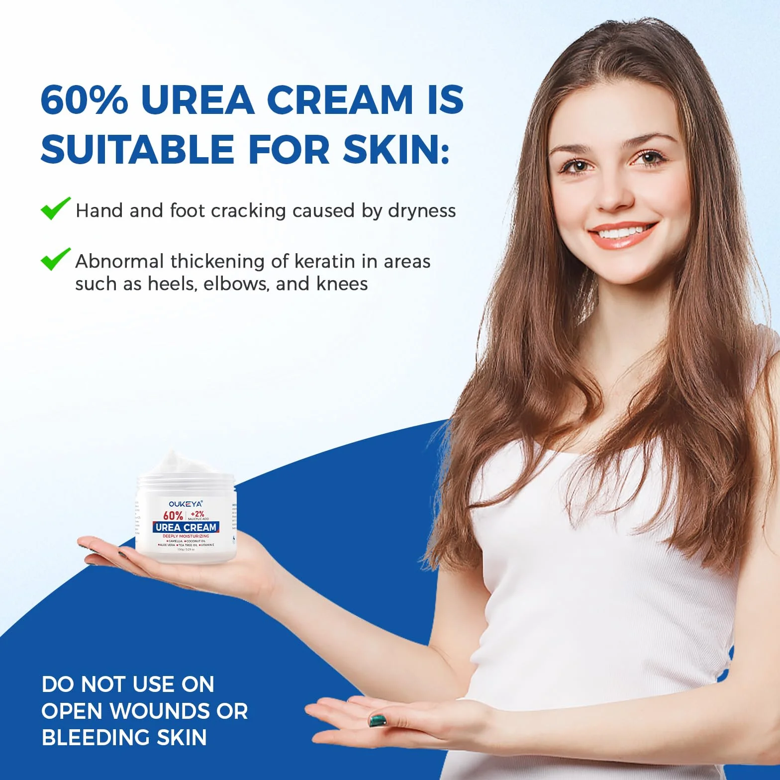 OUKEYA Urea Crème 60% plus Salicylzuur 2% & Vitamine E, Intensieve Nederlandse Crème voor Droge & Gebarsten Huid aan Voeten, Ellebogen en Handen, Verwijdering van Eelt & Dode Huid, Antioxidant Werking