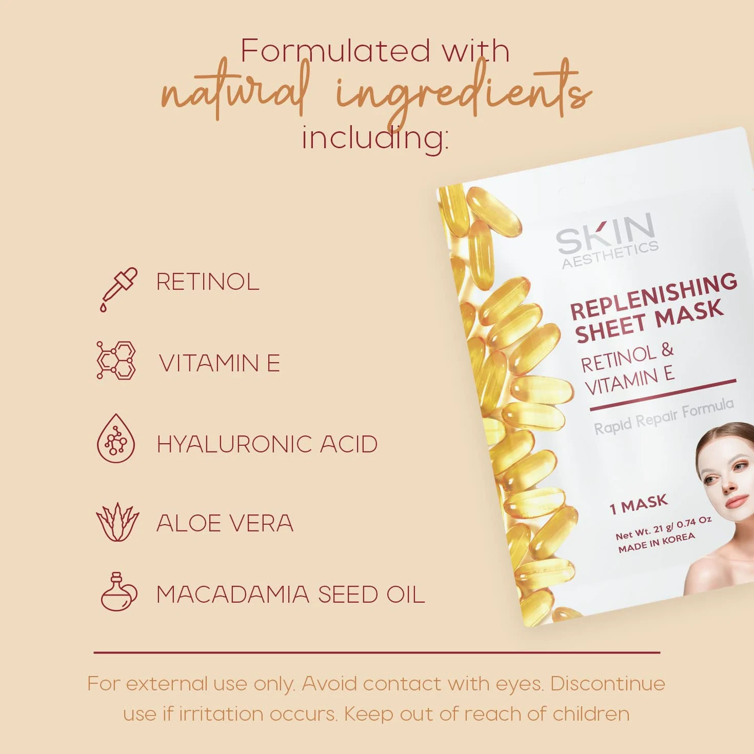 Skin Aesthetics Maska na twarz z retinolem i witaminą E, naprawia skórę, zmniejsza drobne linie i zmarszczki, przeciwstarzeniowa - przetestowana dermatolog koreańska pielęgnacja skóry - czyste piękno