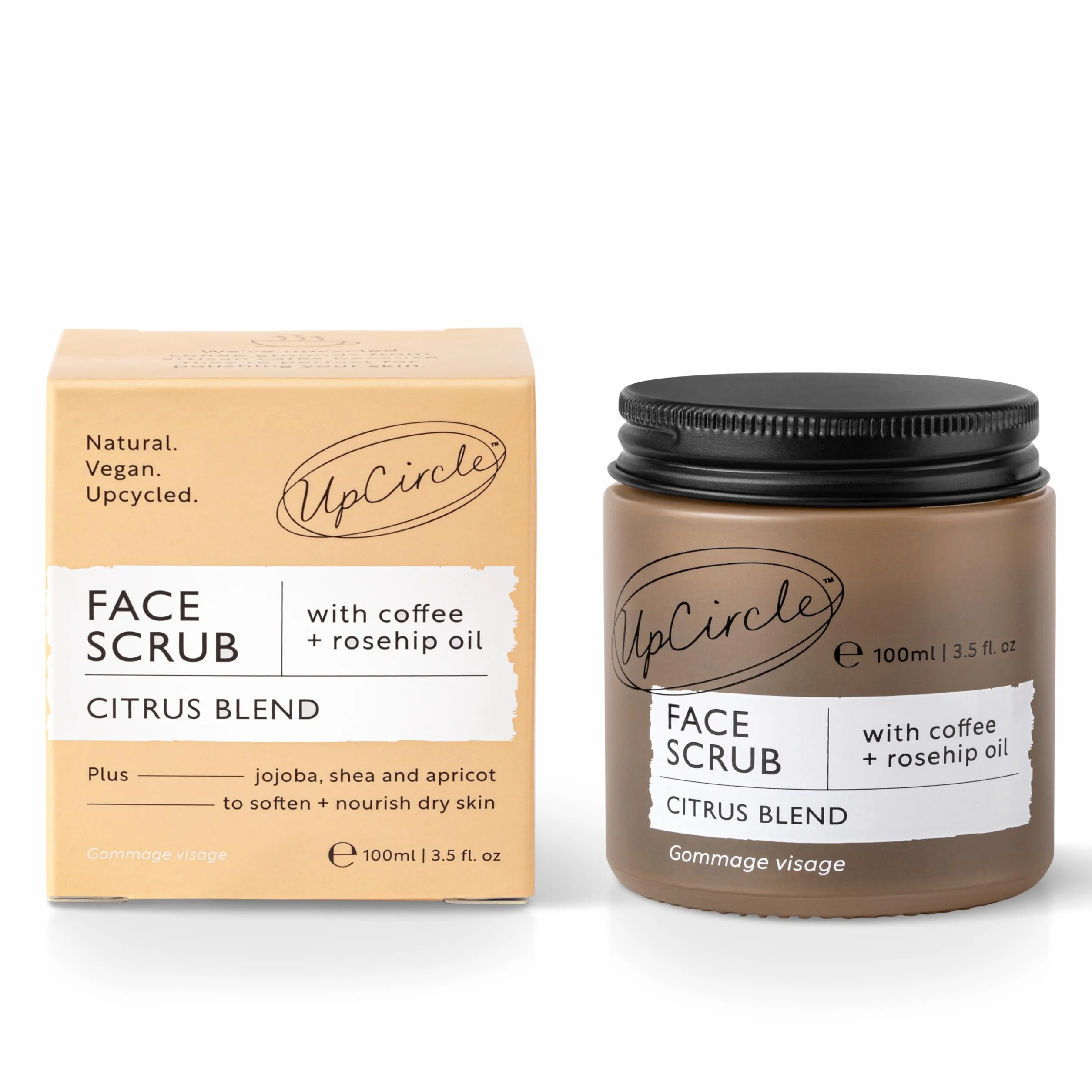 UpCircle Coffee Face Scrub - mieszanka cytrusów do skóry normalnej i suchej 100 ml - masło shea, olej kokosowy + olejek z dzikiej róży - naturalny, wegański peeling do twarzy dla miękkiej, gładkiej