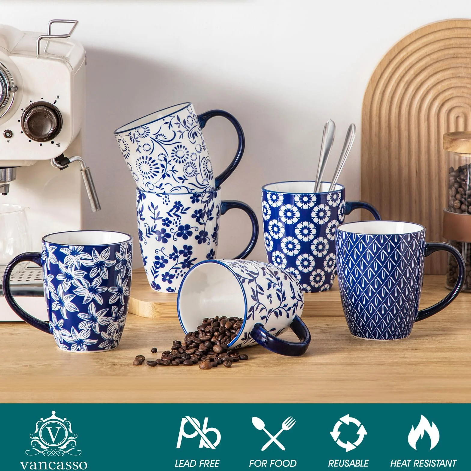 Vancasso Zestaw 6 kubków Selene 480 ml ceramiczne filiżanki do kawy vintage niebiesko-biały