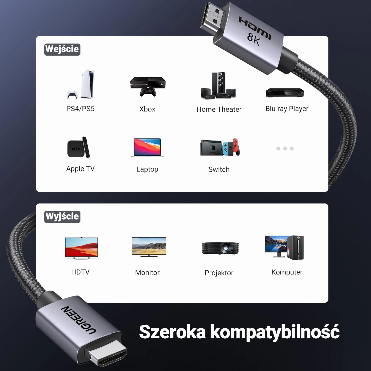 UGREEN Kabel HDMI 2.1 8K 60Hz 4K 240Hz 165Hz 144Hz 120Hz 48Gbit/s High Speed, Kabel HDMI 2.1 Ultra HD eARC HDR 10+ HDCP Dolby Vision VRR Kompatybilny z TV/PS5/PS4/ Xbox Series X/Monitor/Laptop (3M)