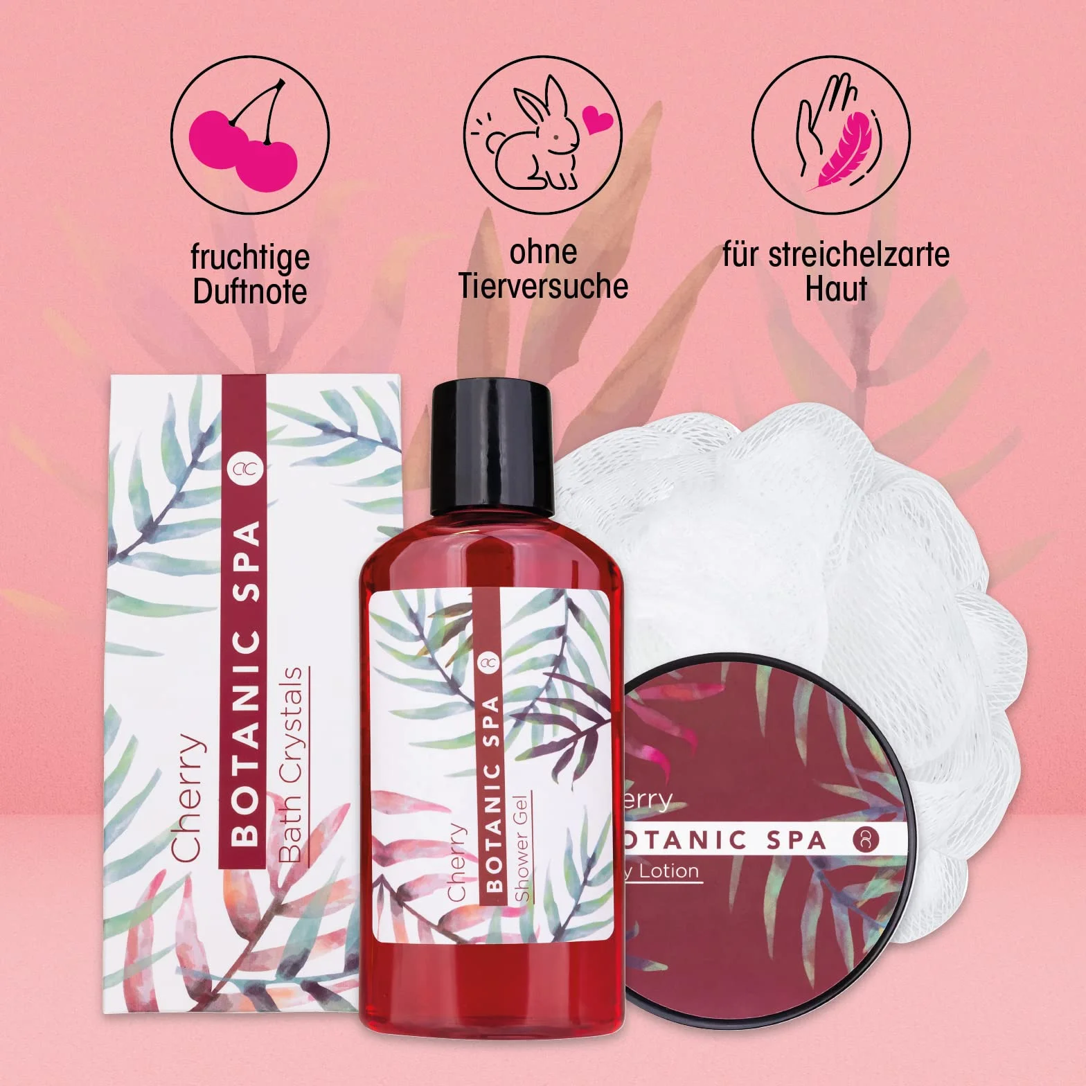 accentra zestaw upominkowy CHERRY SPA w koszu z trawy morskiej, zestaw do kąpieli i pod prysznic - 5-częściowy zestaw upominkowy w ozdobnym koszu z trawy morskiej