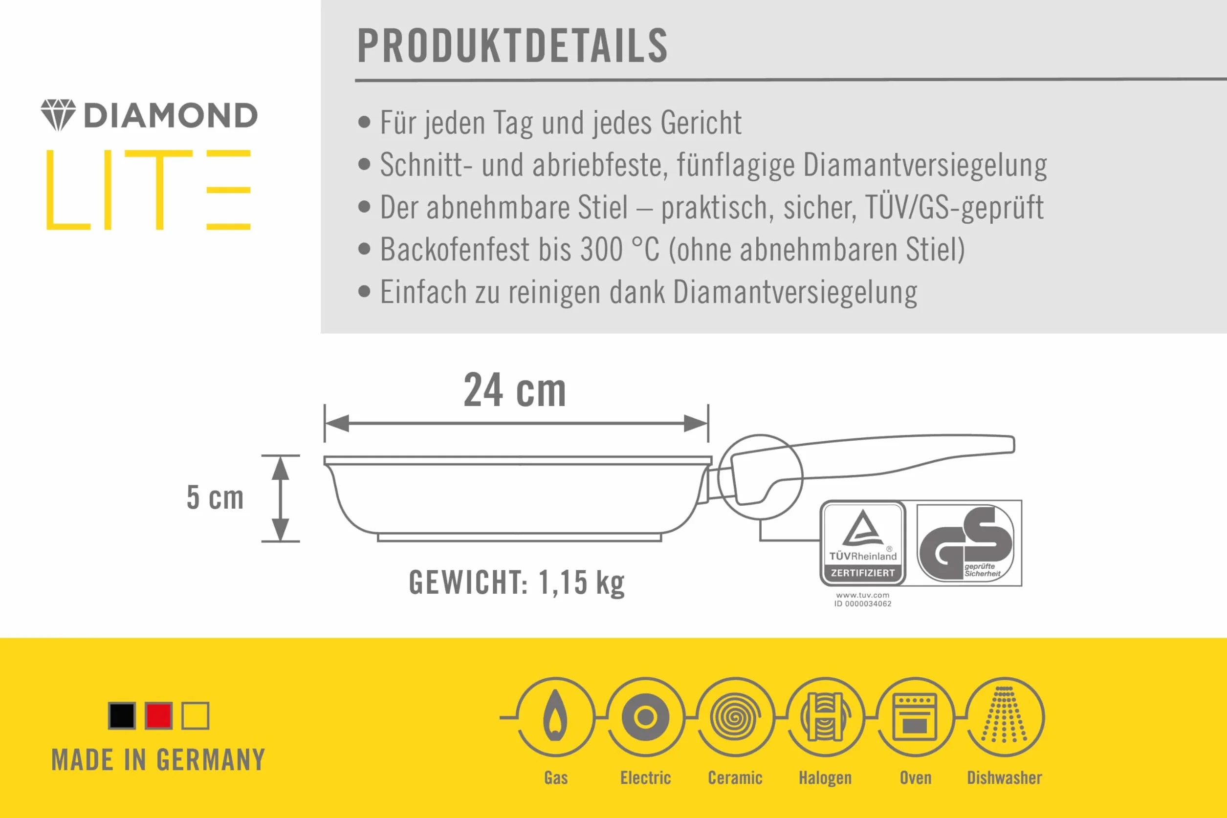 Woll Diamond Lite płaska patelnia Ø 24 cm, wysokość 5 cm, ze zdejmowanym uchwytem, odlew aluminiowy