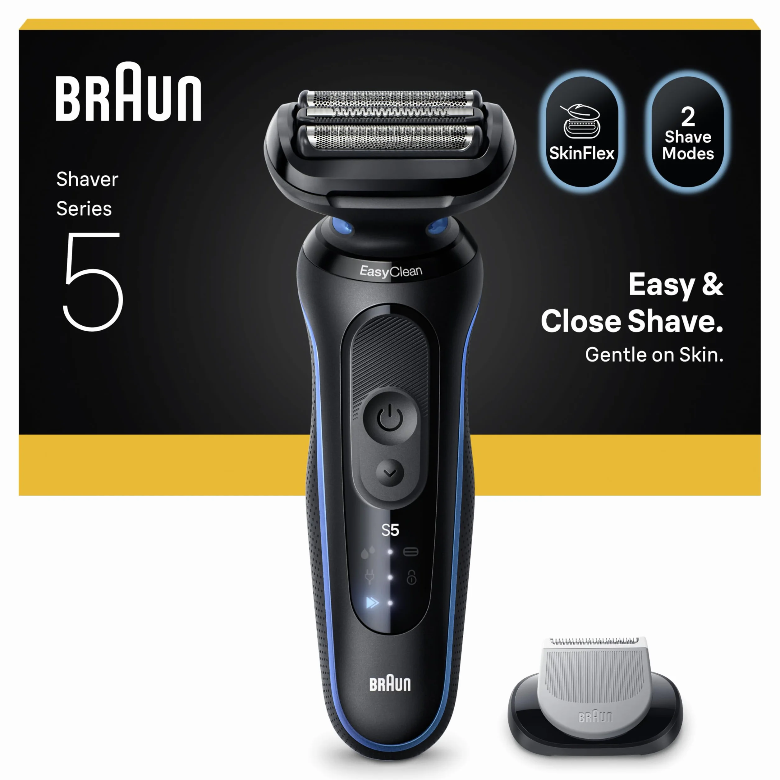 Braun Series 5 Męska golarka elektryczna, czas pracy baterii 50 minut, z nasadką do pielęgnacji ciała, bezprzewodowa, golarka na mokro i sucho dla mężczyzn, wodoszczelna, 52-B1600s, niebieska