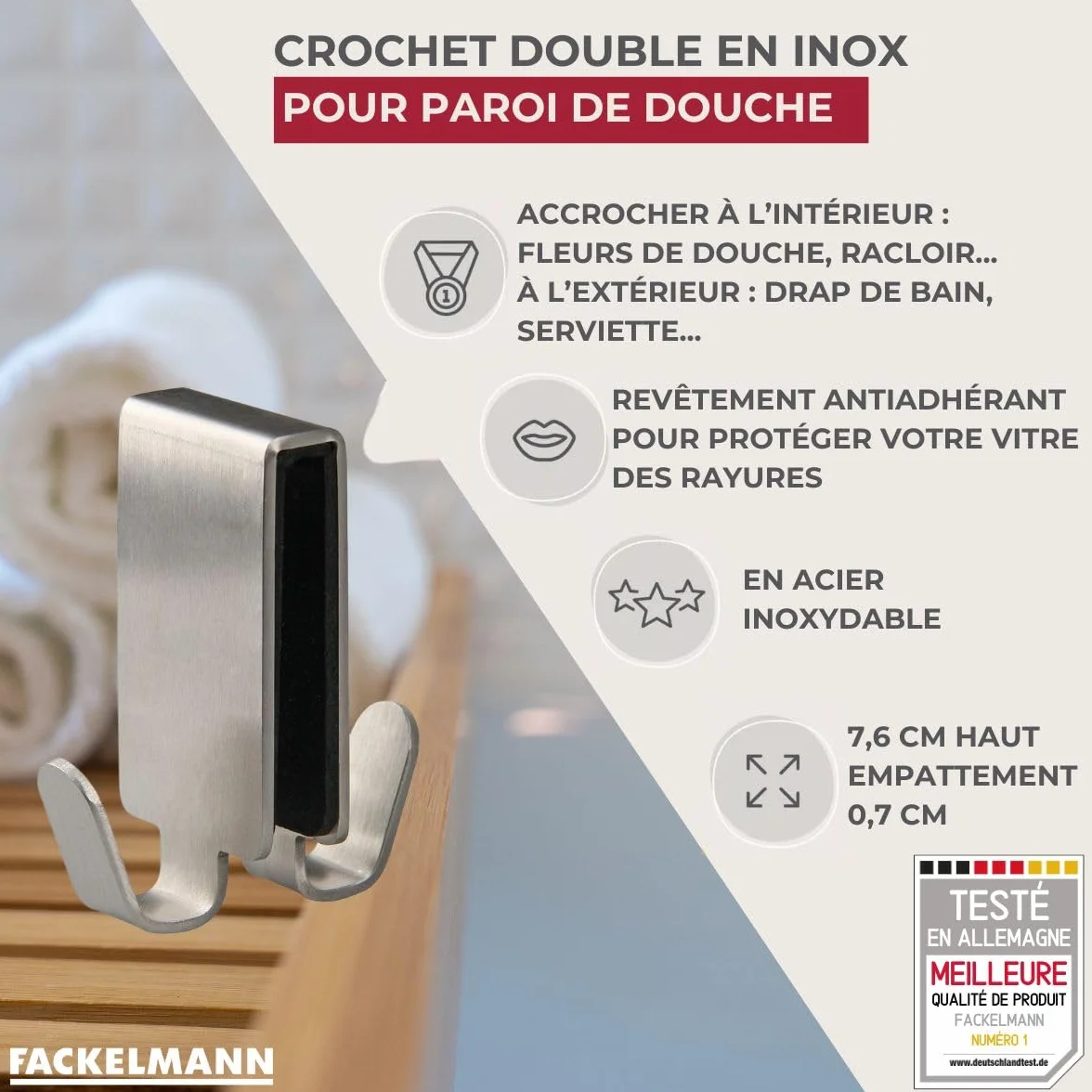 Fackelmann Tecno Haczyk na Ściankę Prysznicową Srebrny 12 x 3,5 x 4,6 cm