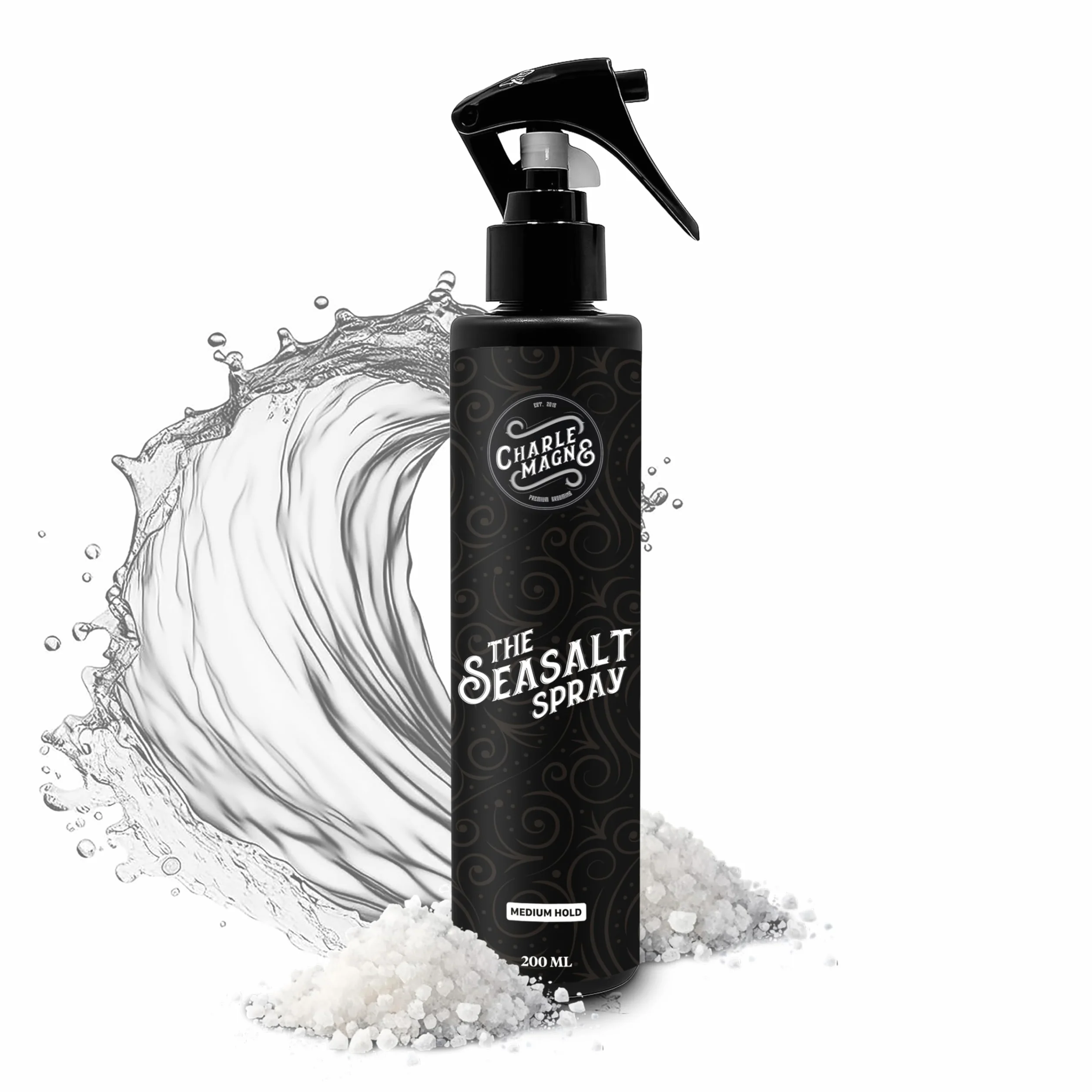 Charlemagne Spray do włosów w sprayu z solą morską dla mężczyzn, morska woda, loki z ochroną cieplną, matowe wykończenie, wyprodukowano w Niemczech, 200 ml (1 szt., średni chwyt)