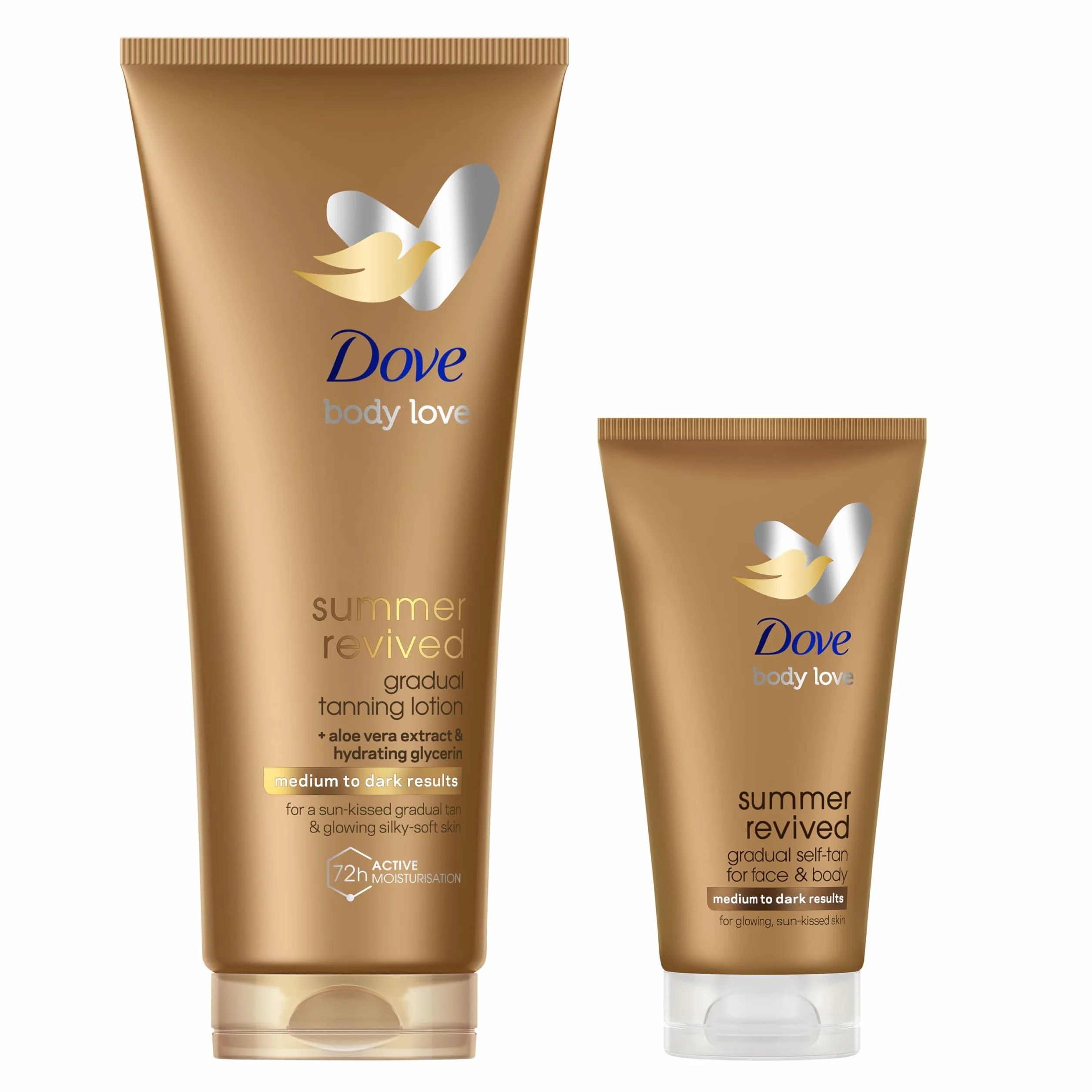 Dove Summer Revived stopniowy samoopalacz do twarzy i ciała o średnio-ciemnym odcieniu, szybkoschnący, bez smug, 200 ml i 75 ml