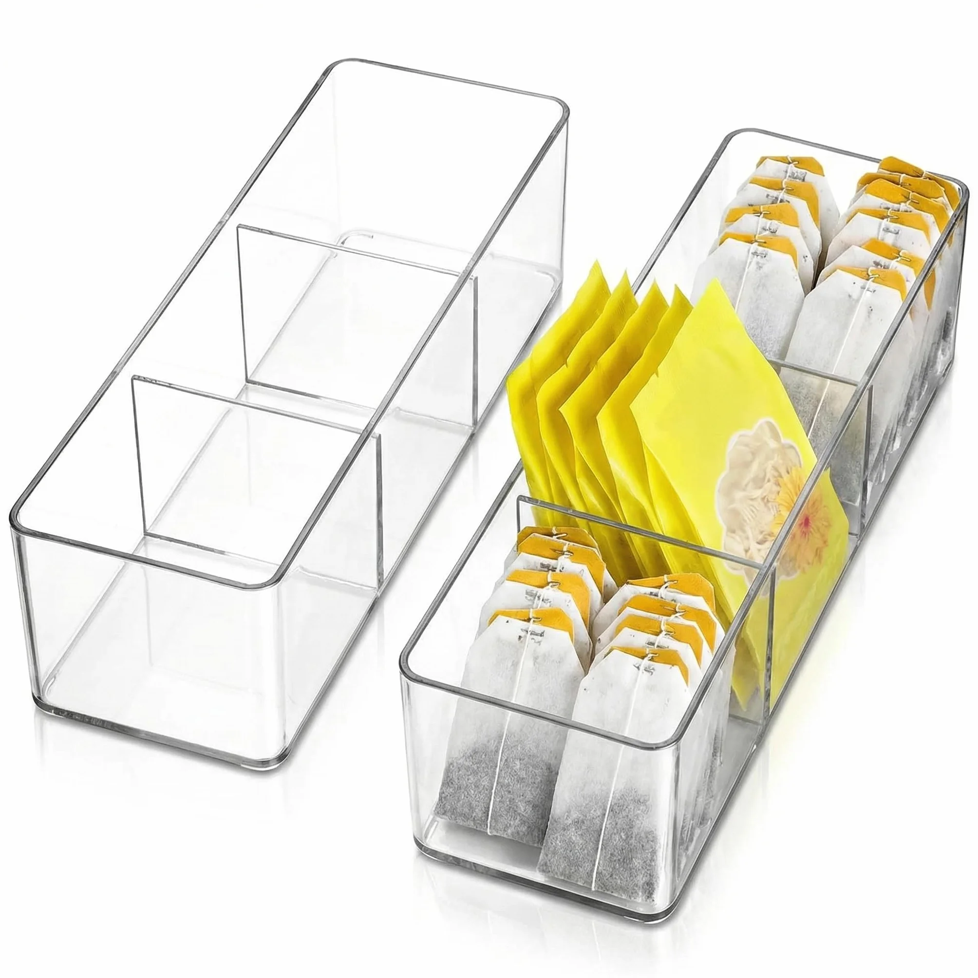 QWORK® 2 szt. Akrylowe pudełko do przechowywania torebek na herbatę Organizer 3 przegródki