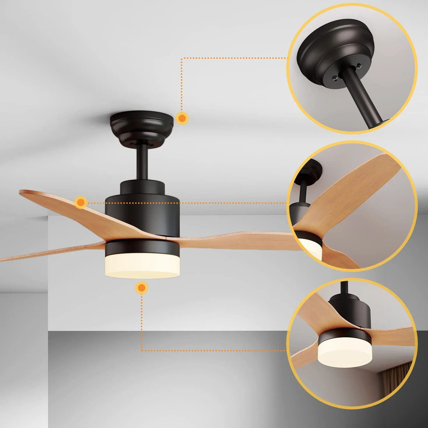 SONNI Wentylator sufitowy z oświetleniem i pilotem zdalnego sterowania, cichy, 3 temperatury barwowej 119 cm, czarny i drewniany, minimalistyczny design