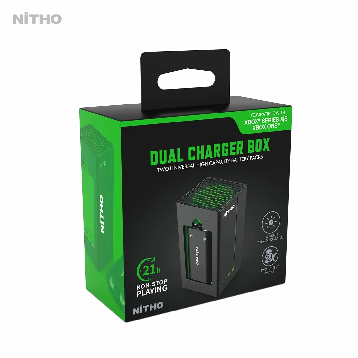 NiTHO stacja ładująca kompatybilna z konsolą Xbox One/Xbox Series X/S kontroler, 2 akumulatory w zestawie, kompaktowa stacja ładująca z zielonymi światłami otoczenia i diodami LED stanu ładowania