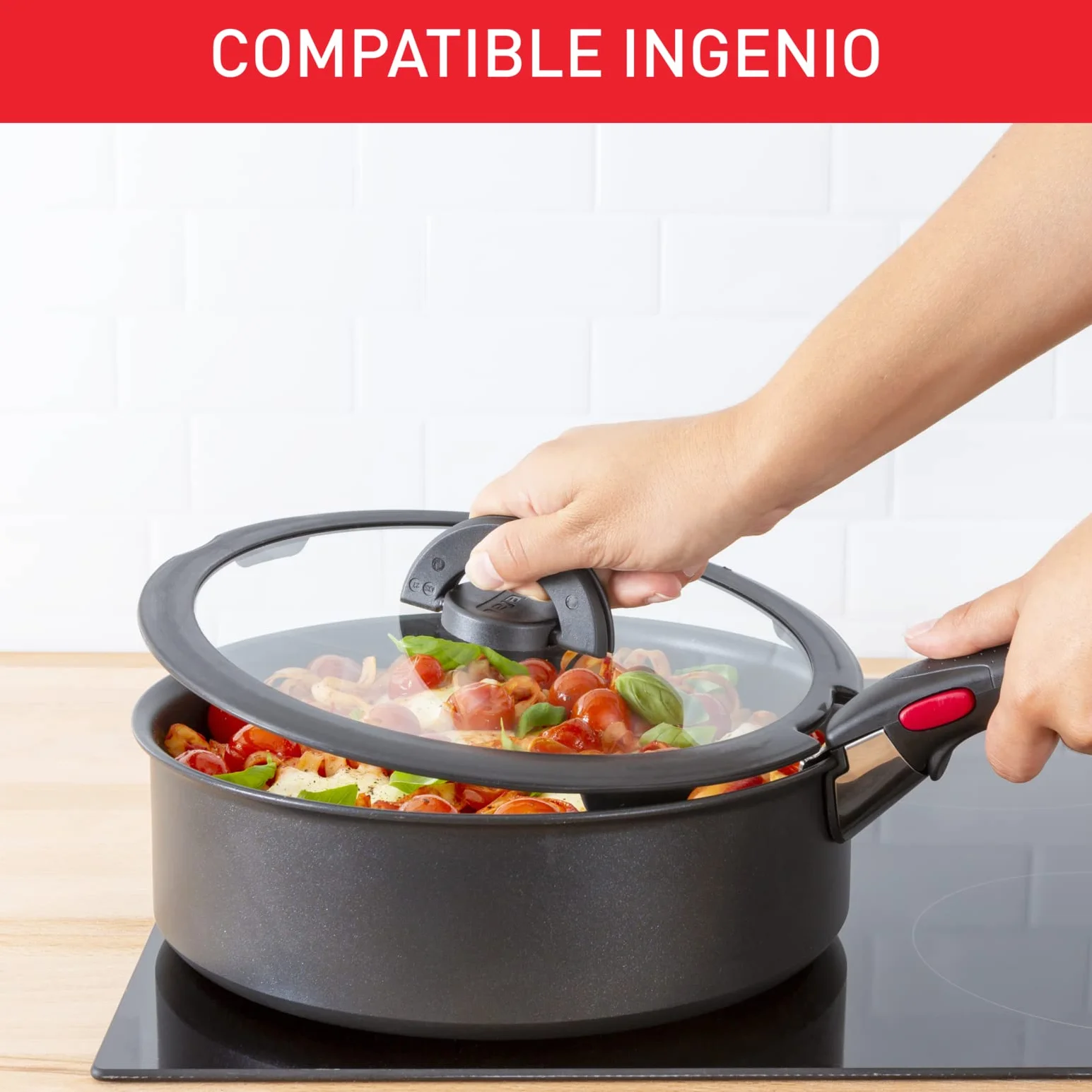Tefal Ingenio Szklana pokrywka 16 cm składany uchwyt kompatybilne zmywarka przezroczysta czarna