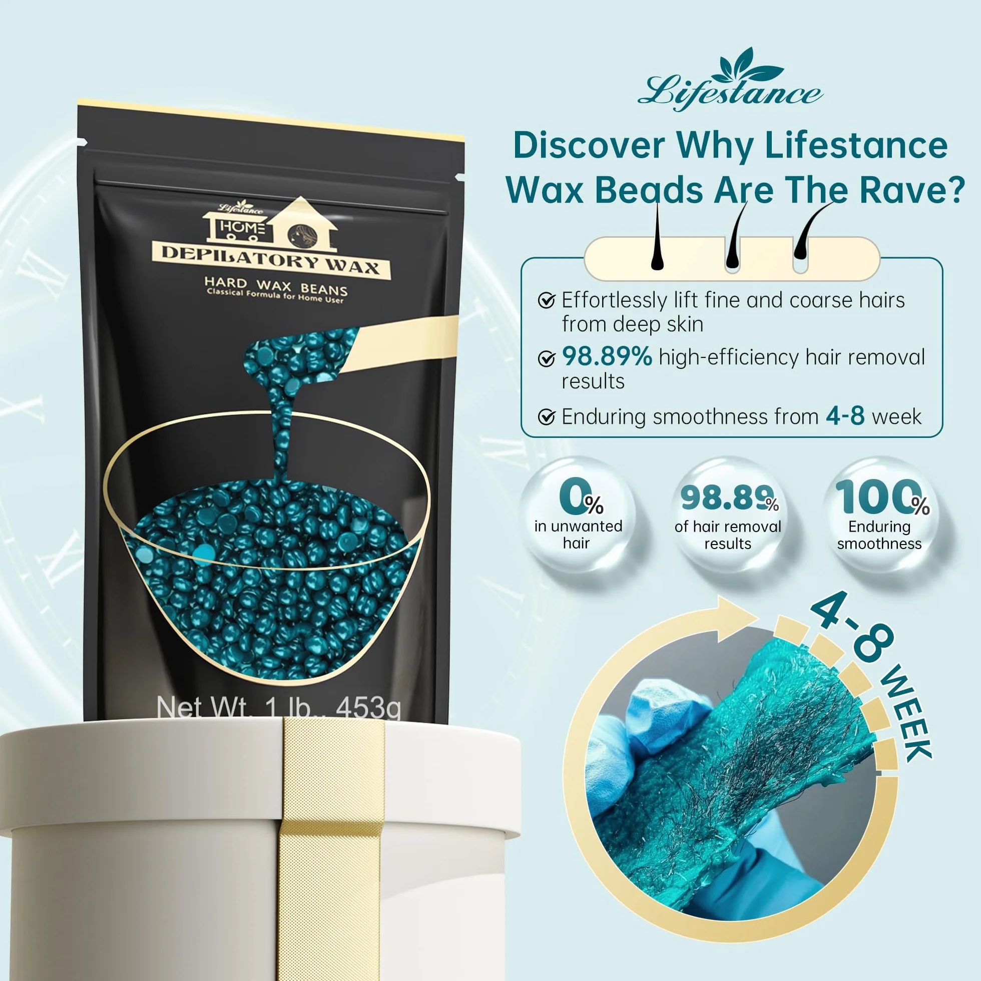 Lifestance Ciemnozielone koraliki woskowe 450 g, smukła formuła do usuwania włosów, bezboleśnie woskowanie brwi, twarzy i ramion