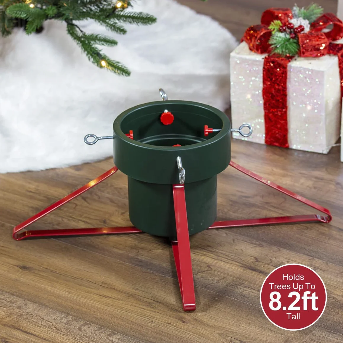 The Christmas Workshop 70509 Stojak bożonarodzeniowy | Bardzo duży rozmiar | Pasuje do drzew o wysokości do 2,5 m i 14,5 cm średnicy | mieści 2,8 l wody | 57 cm x 57 cm x 21,5 cm, zielony i czerwony