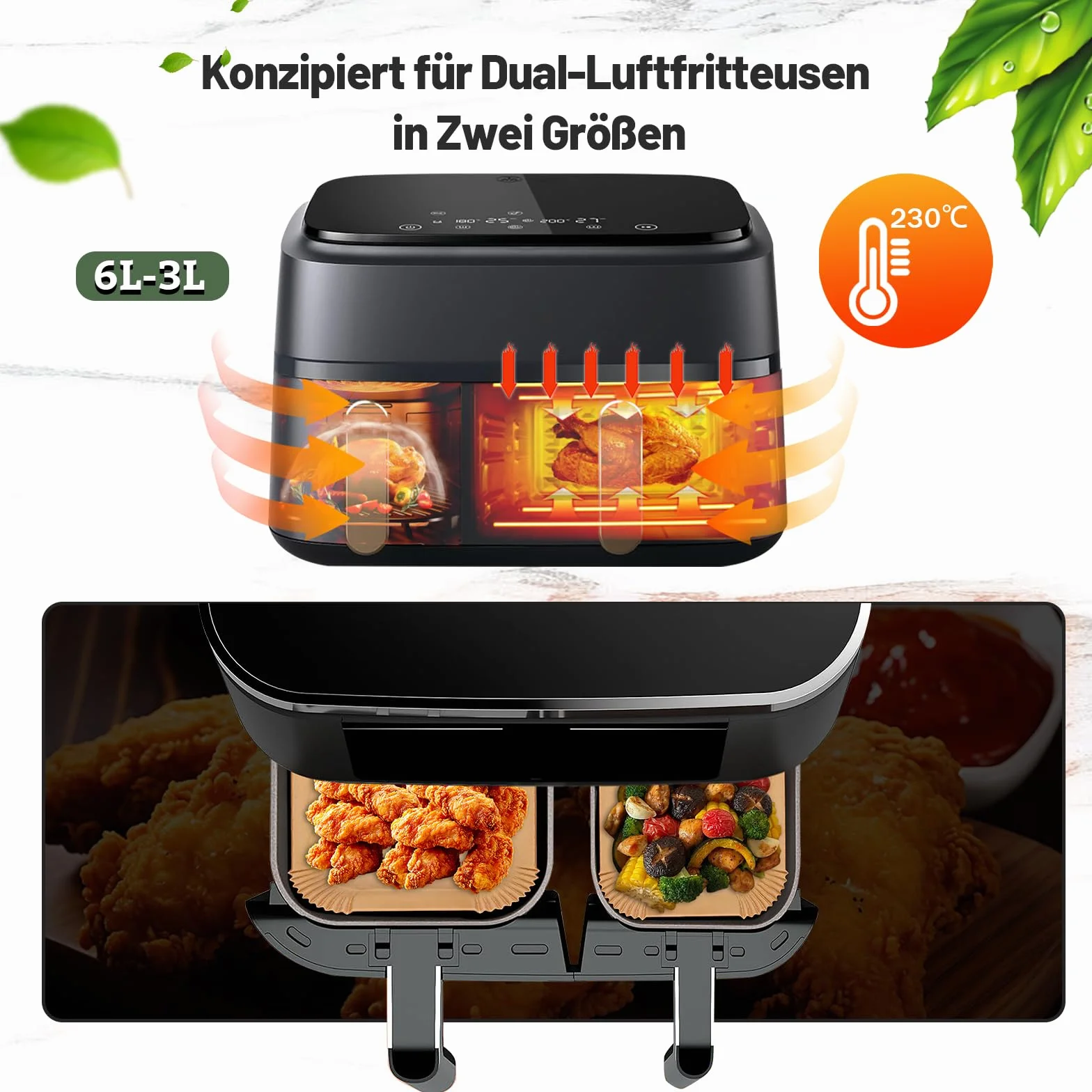 Papier do pieczenia do frytkownicy beztłuszczowej 6 l/3 l, kompatybilny z frytkownicą Phillips z dwoma szufladami serii 3000/5000 i Tefal z dwoma szufladami 5,2/3,1 l, 100 sztuk