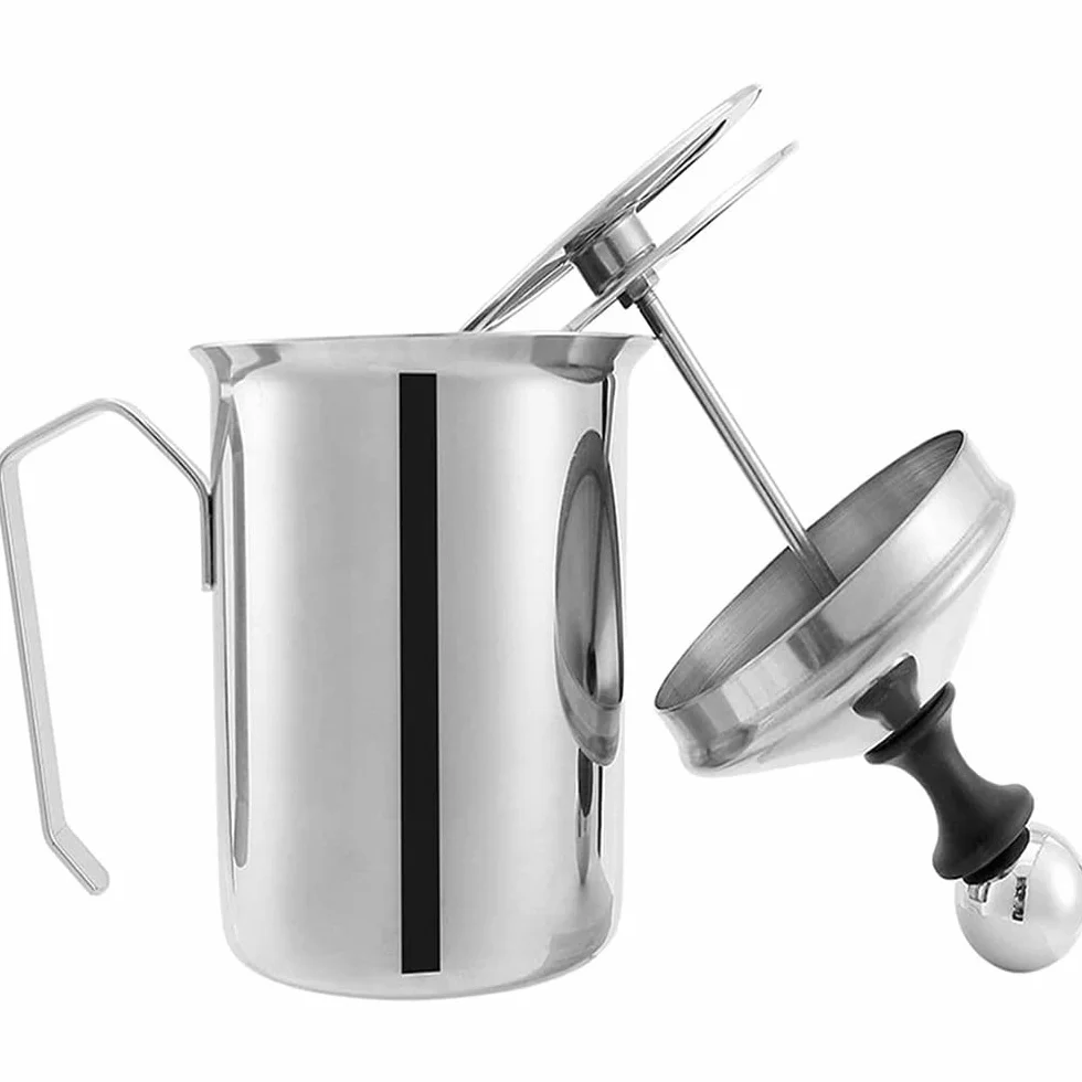 Newaner Spieniacz do mleka ze stali nierdzewnej Double Mesh 500 ml, ręczny, 8 x 8 x 18 cm, idealna pianka do mleka dzięki podwójnemu sitku i specjalnemu mechanizmowi dociskowemu