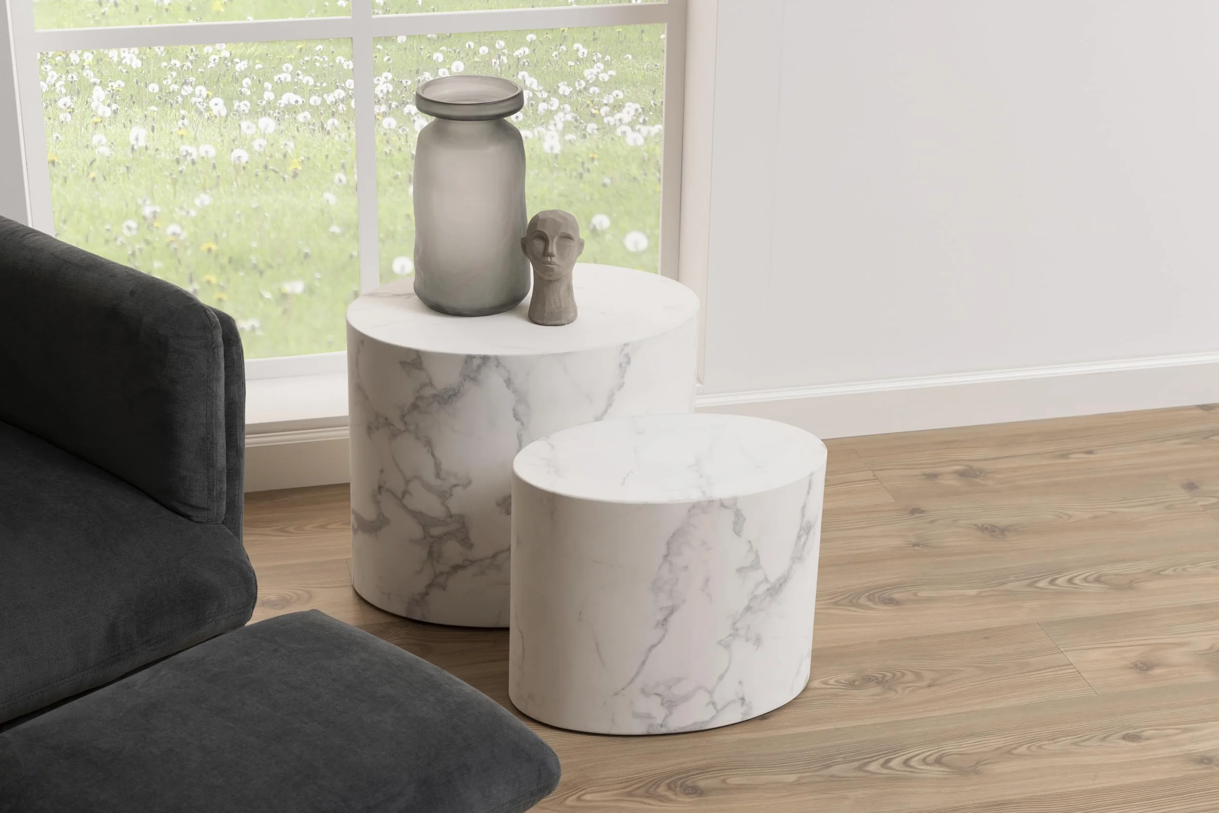 AC Design Furniture Rico stolik kawowy o wyglądzie białego marmuru, zestaw 2 sztuk, nie zajmują dużo miejsca, owalne stoliki pomocnicze do salonu, nowoczesne stoliki składane, szer.: 48 x wys. 40 x