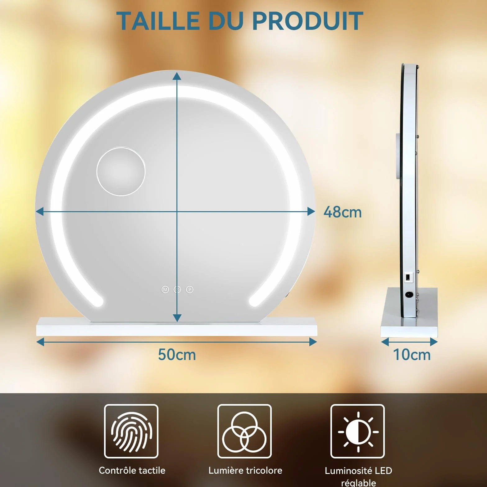 YOURLITE Okrągłe lusterko do makijażu Hollywood D50 cm LED, 3 ściemnialne temperatury barwowe, 10x lupa, USB, montaż naścienny