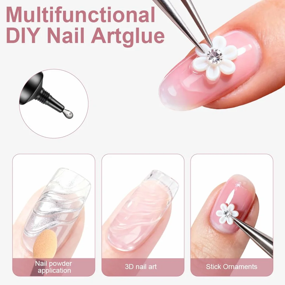 LOPHE Żel 3D Nail Art 15 ml, wielofunkcyjny żel do paznokci strasu, klej charms do rzeźbienia paznokci, modelowania paznokci, chromowany proszek do paznokci