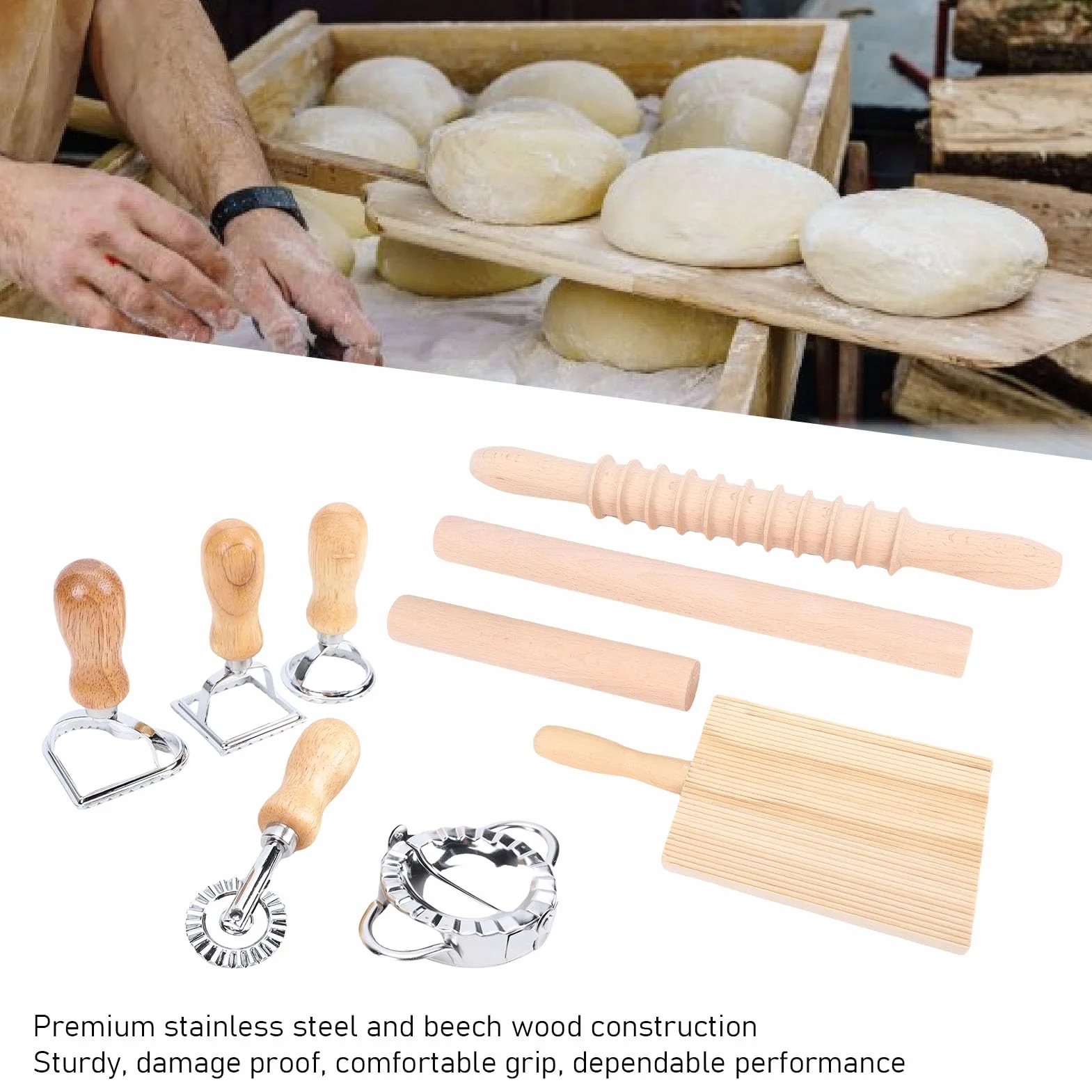 Zestaw 9 Narzędzi do Robienia Makaronu Gnocchi, Foremka do Ravioli ze Stali Nierdzewnej z Wałkiem z Drewna Bukowego, Bezpieczne Uszczelnienie, do Domowego Makaronu, Pierogów