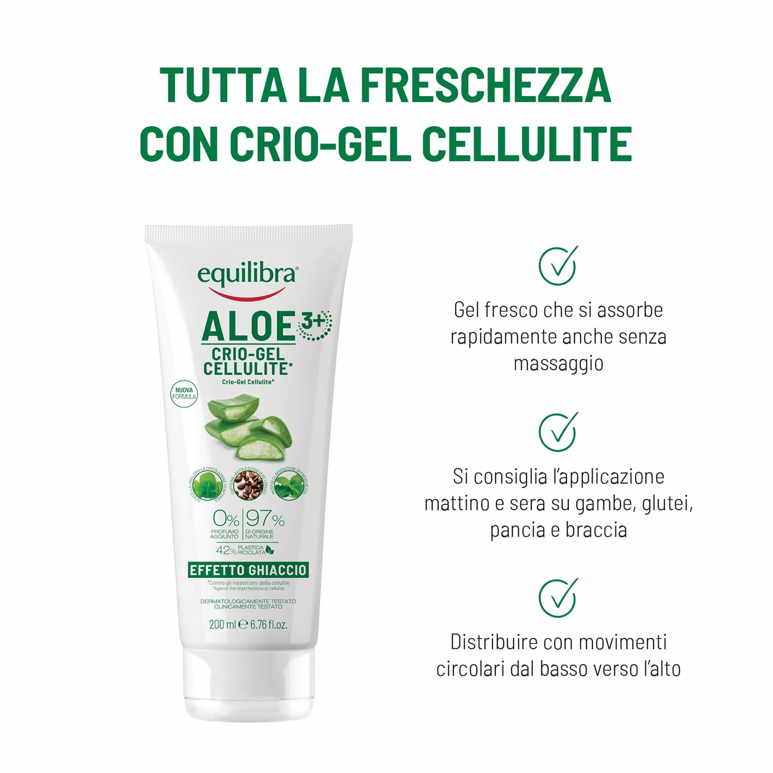 equilibra Ciało, Aloe Crio-Gel Cellulit, świeży żel na bazie aloesu i aloesu 3+, wspomaga krążenie peryferyjne, przeciwdziała zatrzymywaniu wody, cellulit i skórka pomarańczowa, 200 ml