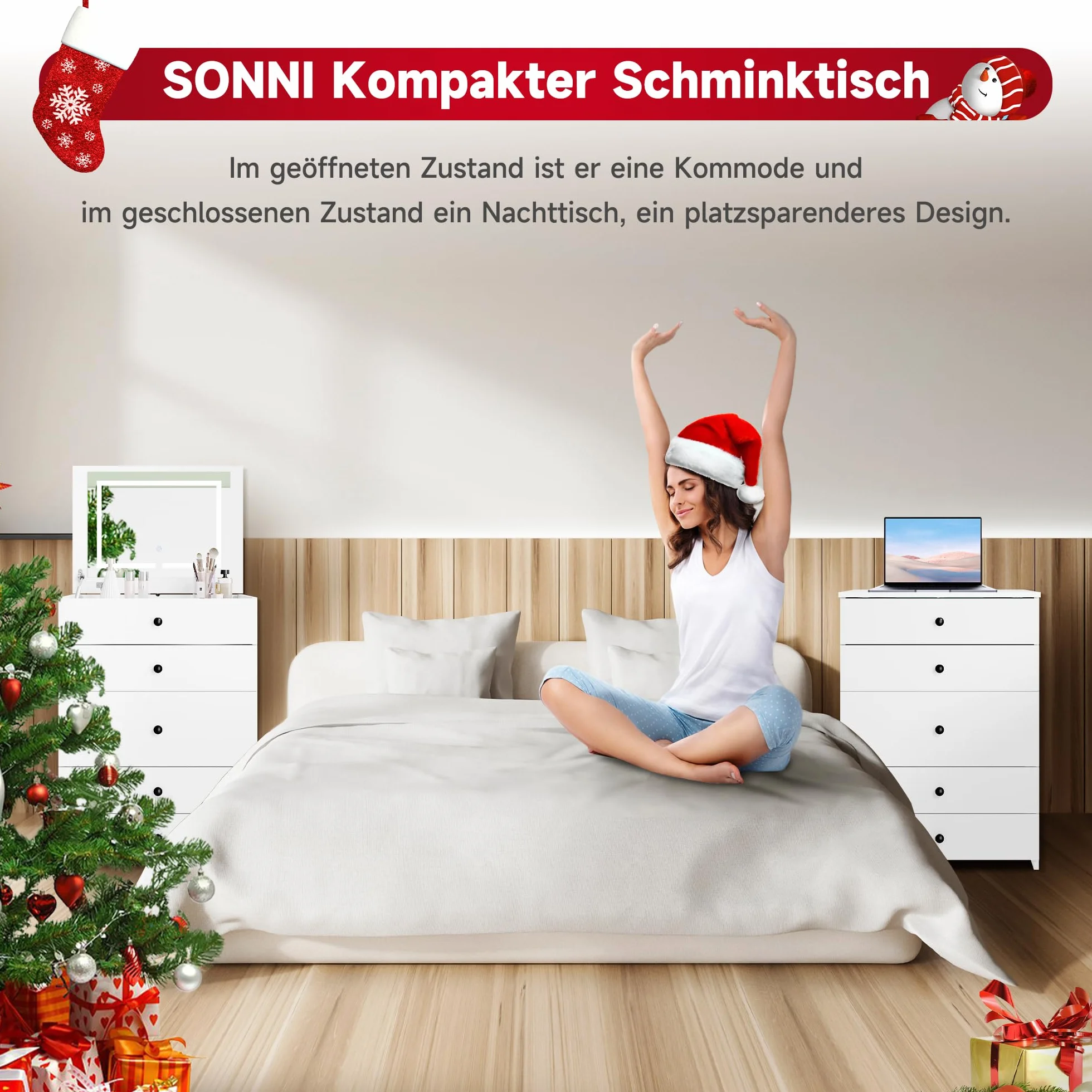 SONNI Toaletka 3 w 1 ze składanym lustrem i diodami LED, toaletka z widocznym szklanym blatem, 4 szuflady, taboret do przechowywania z 4 uniwersalnymi rolkami, toaletka do sypialni, biała, 60 x 45 x