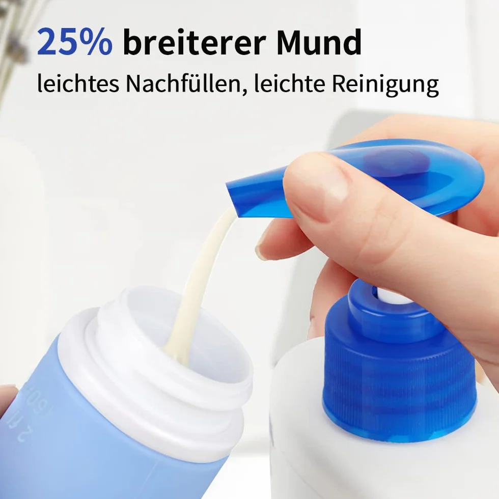 Opret Zestaw 3 silikonowych butelek podróżnych, 60 ml, szczelne, do wielokrotnego napełniania, przenośne pojemniki do szamponu, kremów, odżywki, nie zawierają BPA i posiadają certyfikat TSA