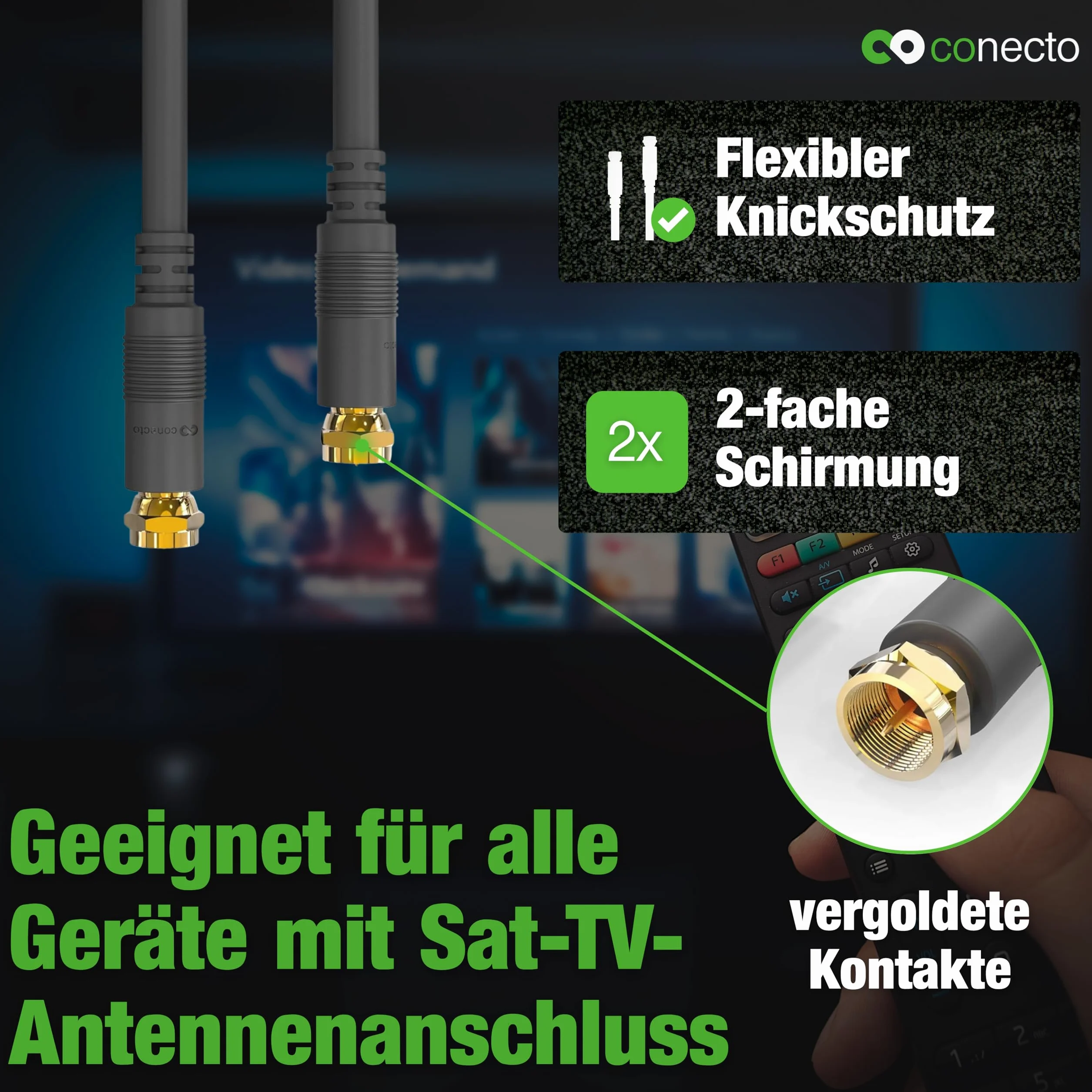 conecto Kabel antenowy SAT, kabel koncentryczny, kabel satelitarny TV 1 m, podwójnie ekranowany, wtyczka F, do HDTV, odbiornika, satelity, Internetu, DAB, radia, czarny