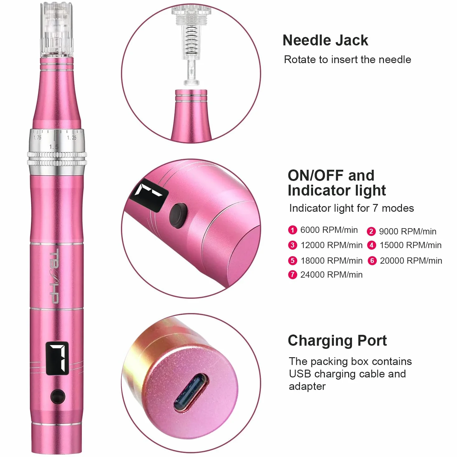 Dermapen TBPHP M1 z LCD mezoterapia + wkłady 12 szt (Różowy)