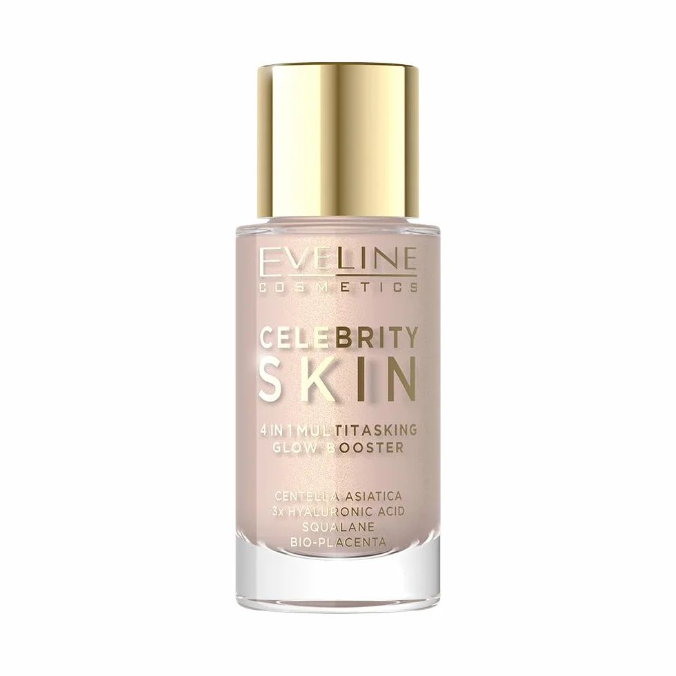 Eveline Cosmetics Wielofunkcyjna baza do twarzy Glow Booster Celebrity Skin 4w1 – 01N Universal Light – rozświetlająca, wygładzająca, nawilżająca baza i skin tint, wegańska, naturalny glow