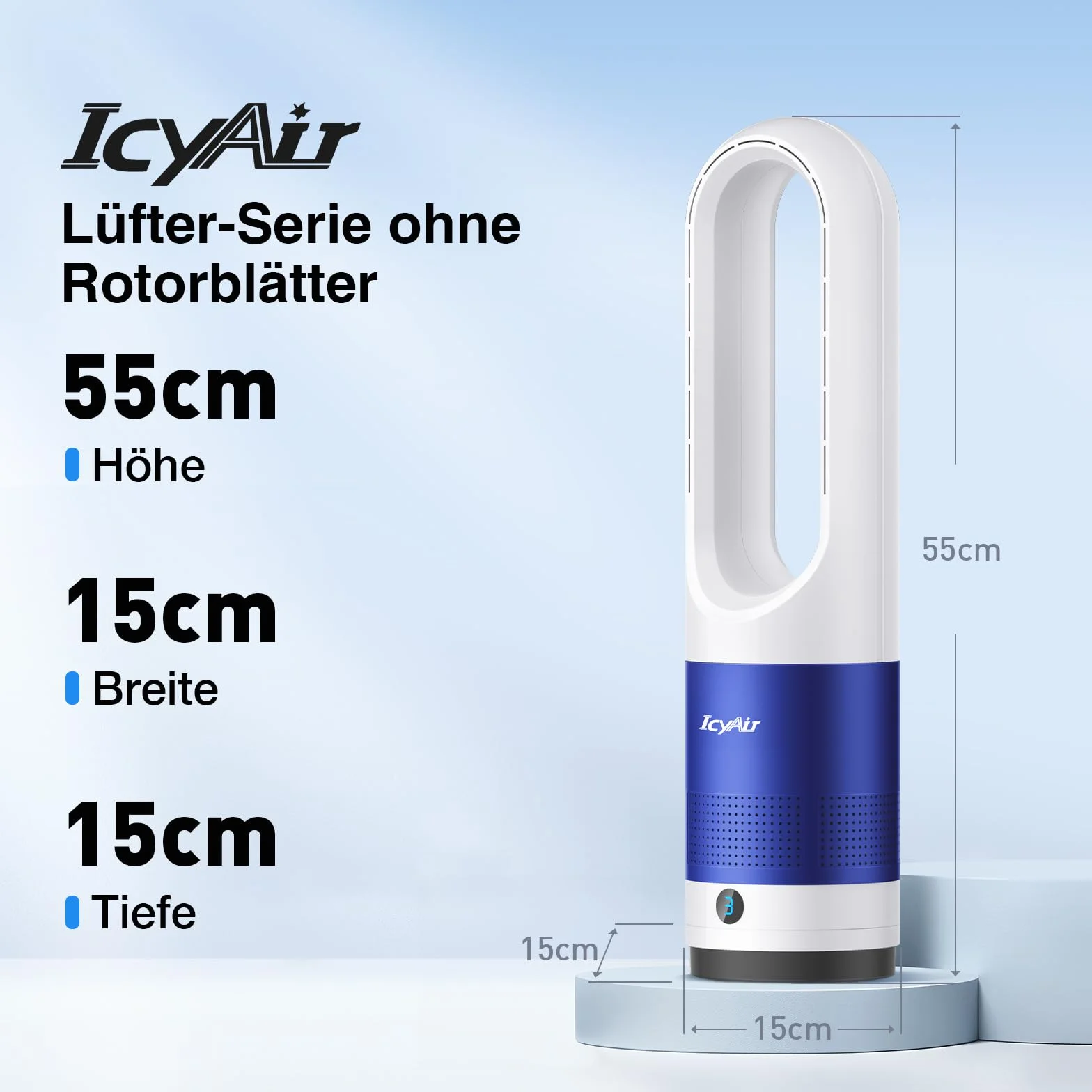 IcyAir 55 cm Bezłopatkowy wentylator wieżowy, bezłopatkowy wentylator 35 dB, oscylacja 90°, 8 prędkości, 9h timer, wyświetlacz LED, przenośne wentylatory wieżowe do domu i biura