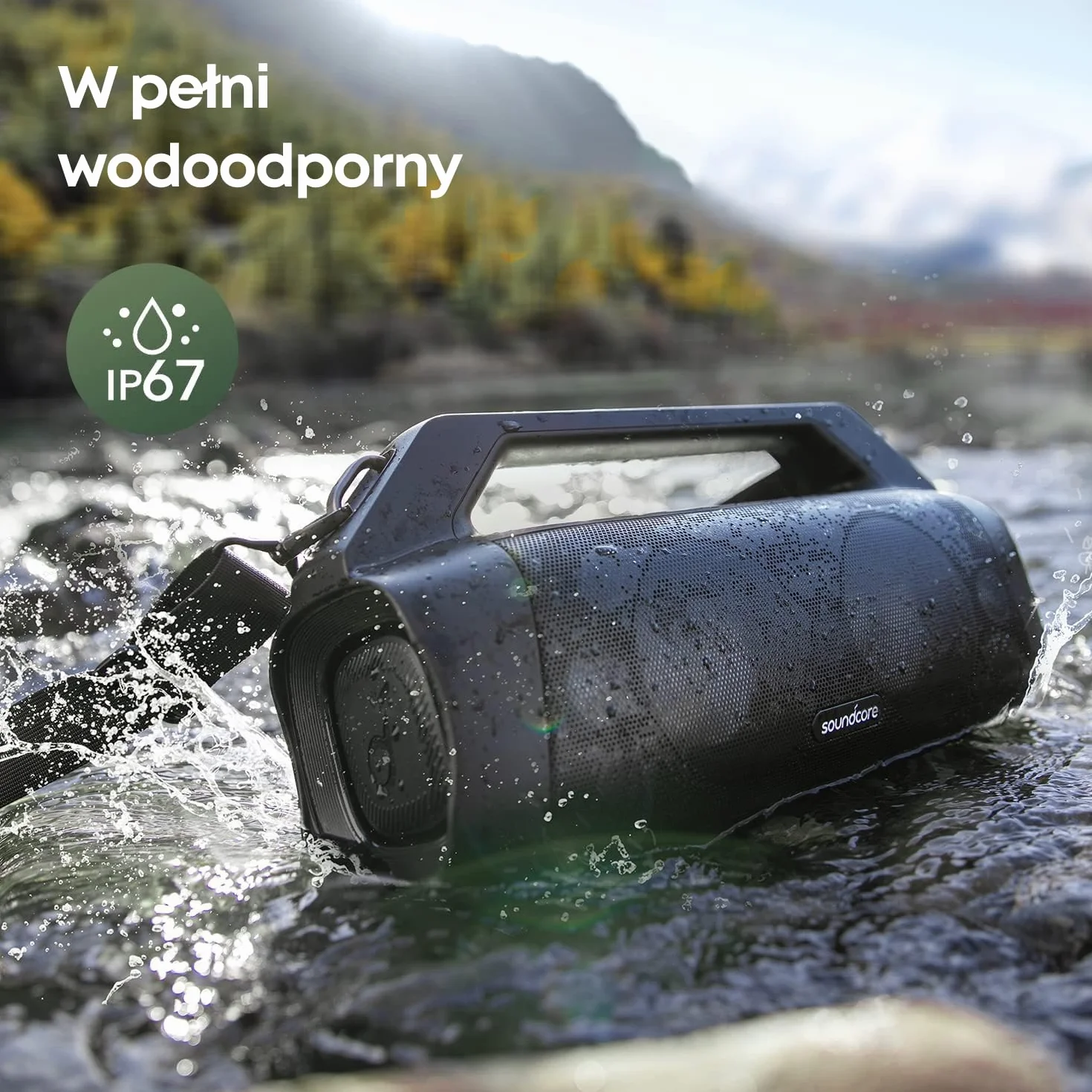 Soundcore Motion Boom Plus od Anker to przenośny głośnik Bluetooth 80 W z wodoodpornością i pyłoszczelnością IP67, portem USB-C, personalizowanym EQ, Bluetooth 5.3, idealny na kemping