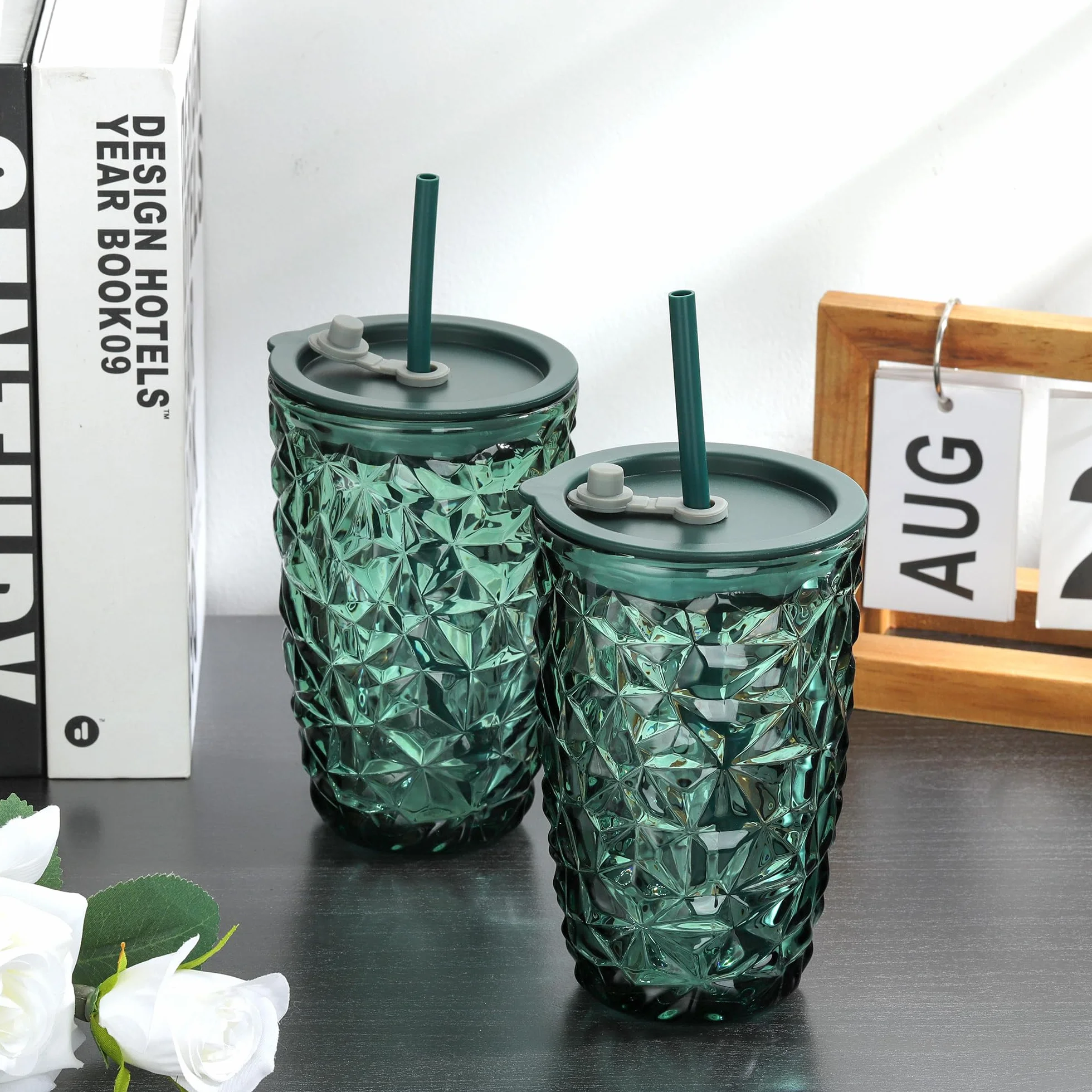Joeyan Zielone kubki do picia 430 ml, z pokrywką i słomką, szklanka do herbaty bąbelkowej z diamentowym wzorem, szklanki do mrożonej kawy, smoothie, sok Boba, zestaw 2 szt., nadają się do mycia w