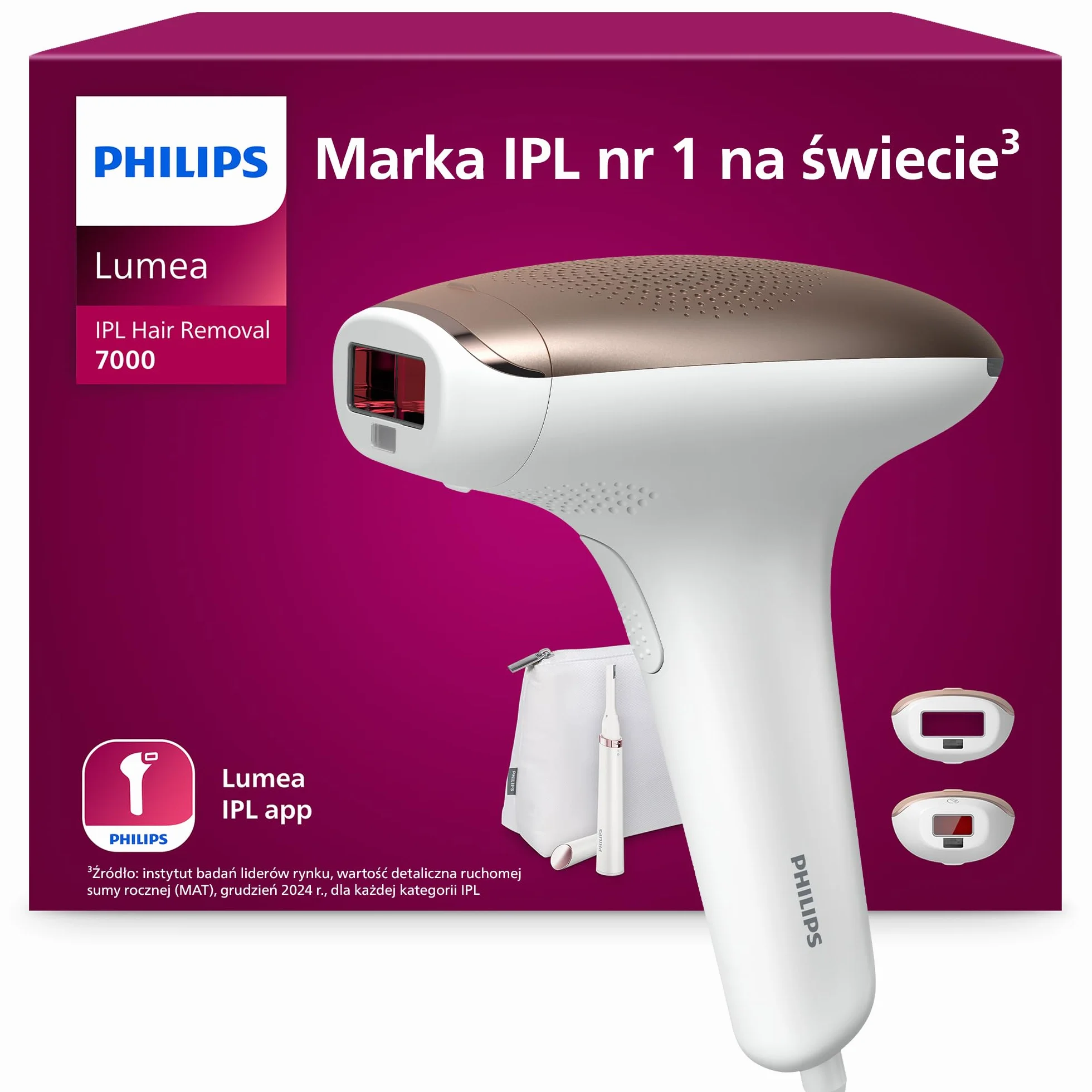 Philips Lumea z serii 7000 - urządzenie IPL do depilacji światłem. Zestaw z 2 nasadkami: do ciała i twarzy oraz ołówkowym trymerem do wyrównywania Satin Compact. Zasilanie sieciowe. BRI921/00