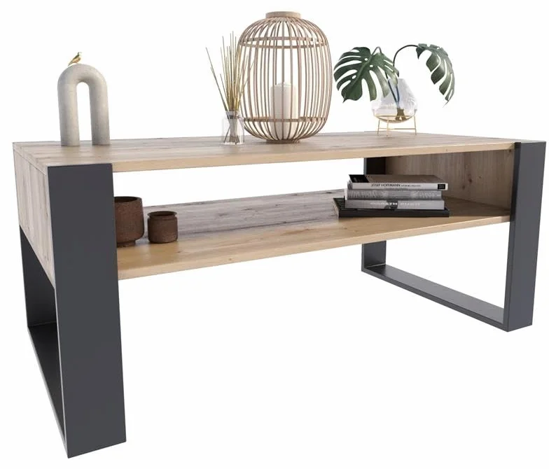 MATKAM Kaja stolik kawowy wys. 50 x szer. 120 x gł. 63,6 cm, otwarty regał pod blatem roboczym, praktyczna elegancja i funkcjonalność, styl retro loft (dąb Artisan - czarny)