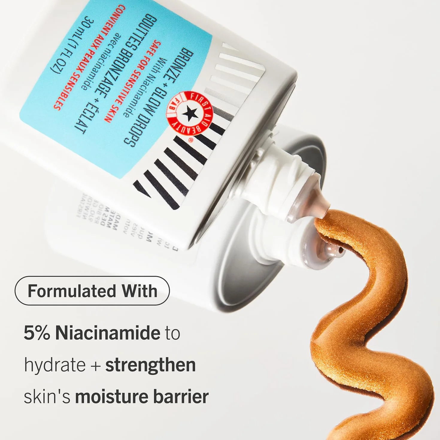 First Aid Beauty – Bronze + Glow Drops z niacynamidem, wyrównują koloryt, wygładzają pory, nawilżają 24h, brązowy efekt, niekomedogenne, dla skóry wrażliwej, 30 ml