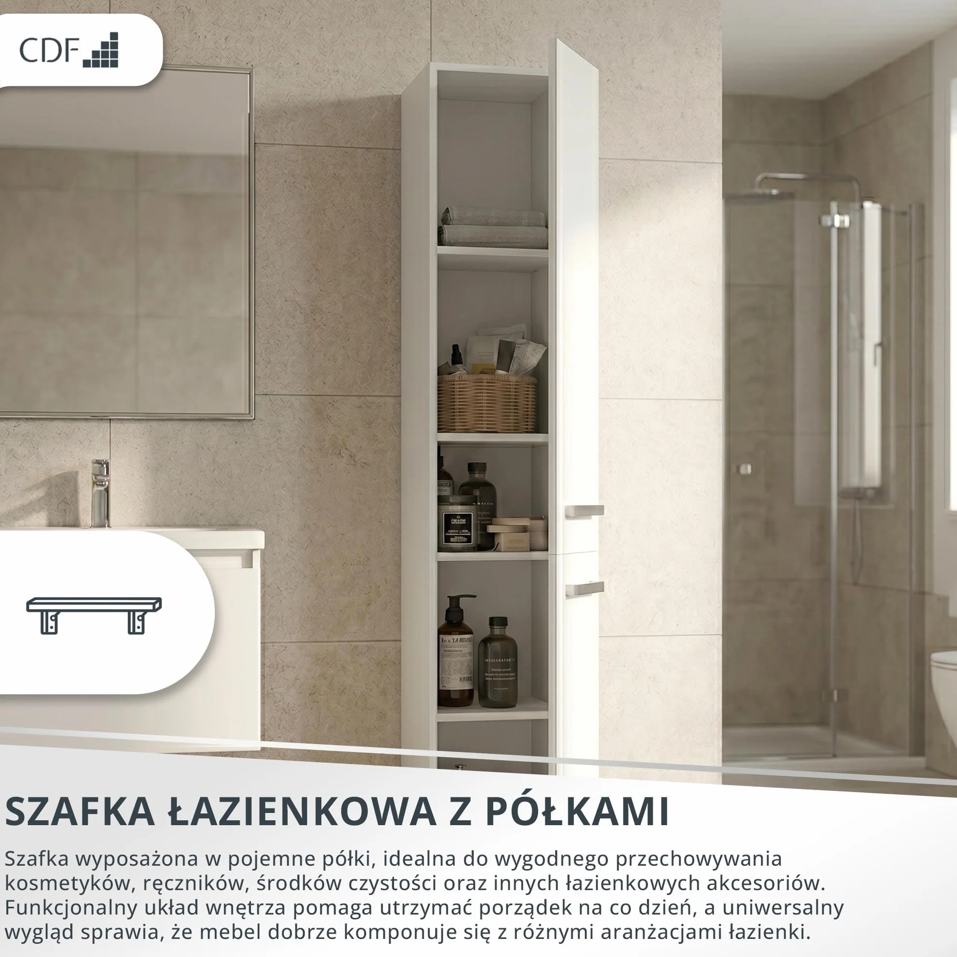 Słupek łazienkowy NEL II biel połysk Szafka do przechowywania z drzwiami