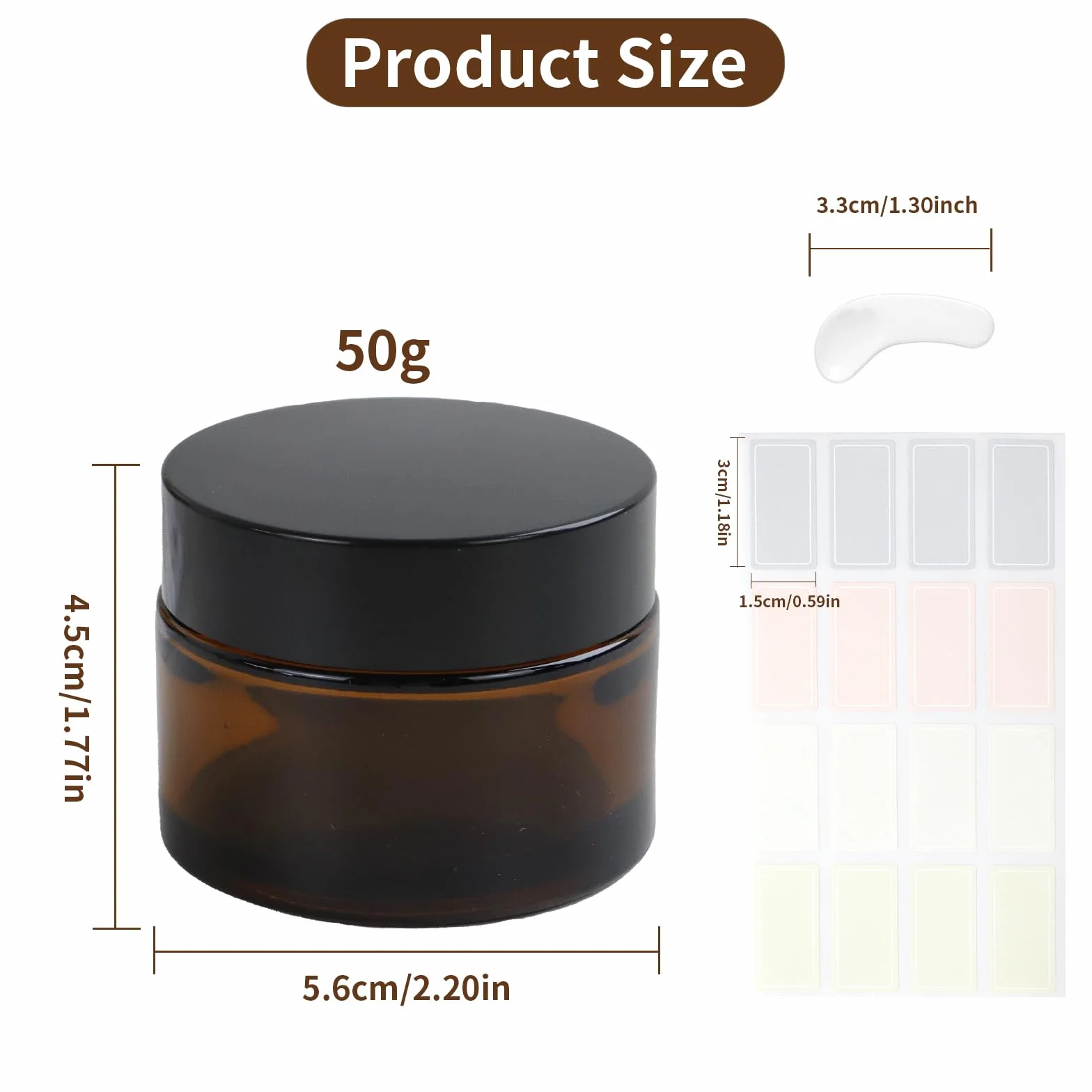 6 sztuk bursztynu pustych szklanych słoiczków 50 ml, brązowe szkło, słoiki na krem, do napełniania szpatułką i naklejką, ochrona przed promieniowaniem UV, do kosmetyków, kryształowych podróży
