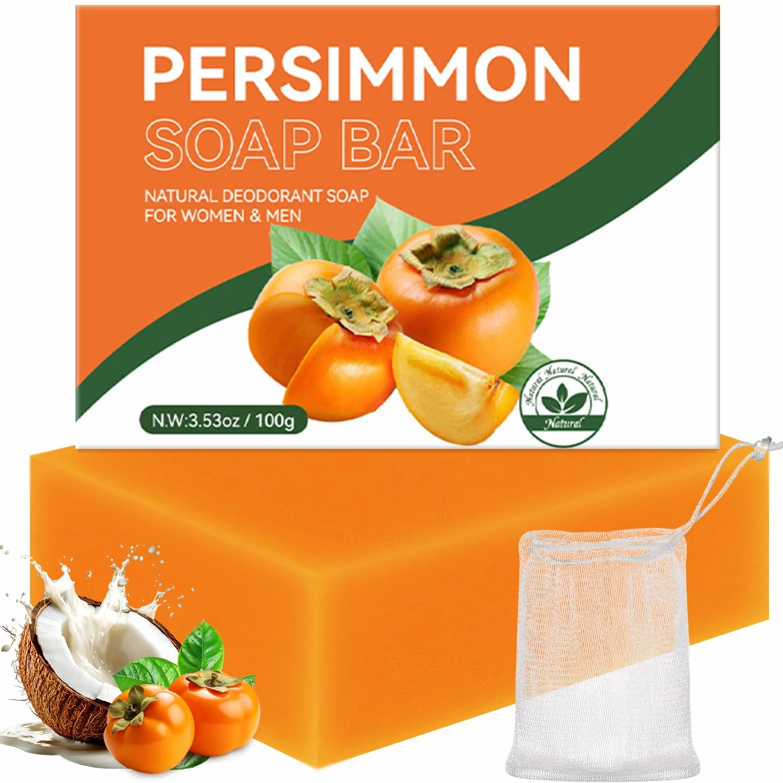 Mydło persimmon, naturalne mydło do twarzy i ciała, ręcznie robione mydła dezodorantowe kontrola zapachów dla mężczyzn kobiet, głębokie oczyszczanie i nawilżanie, z siatką piankową