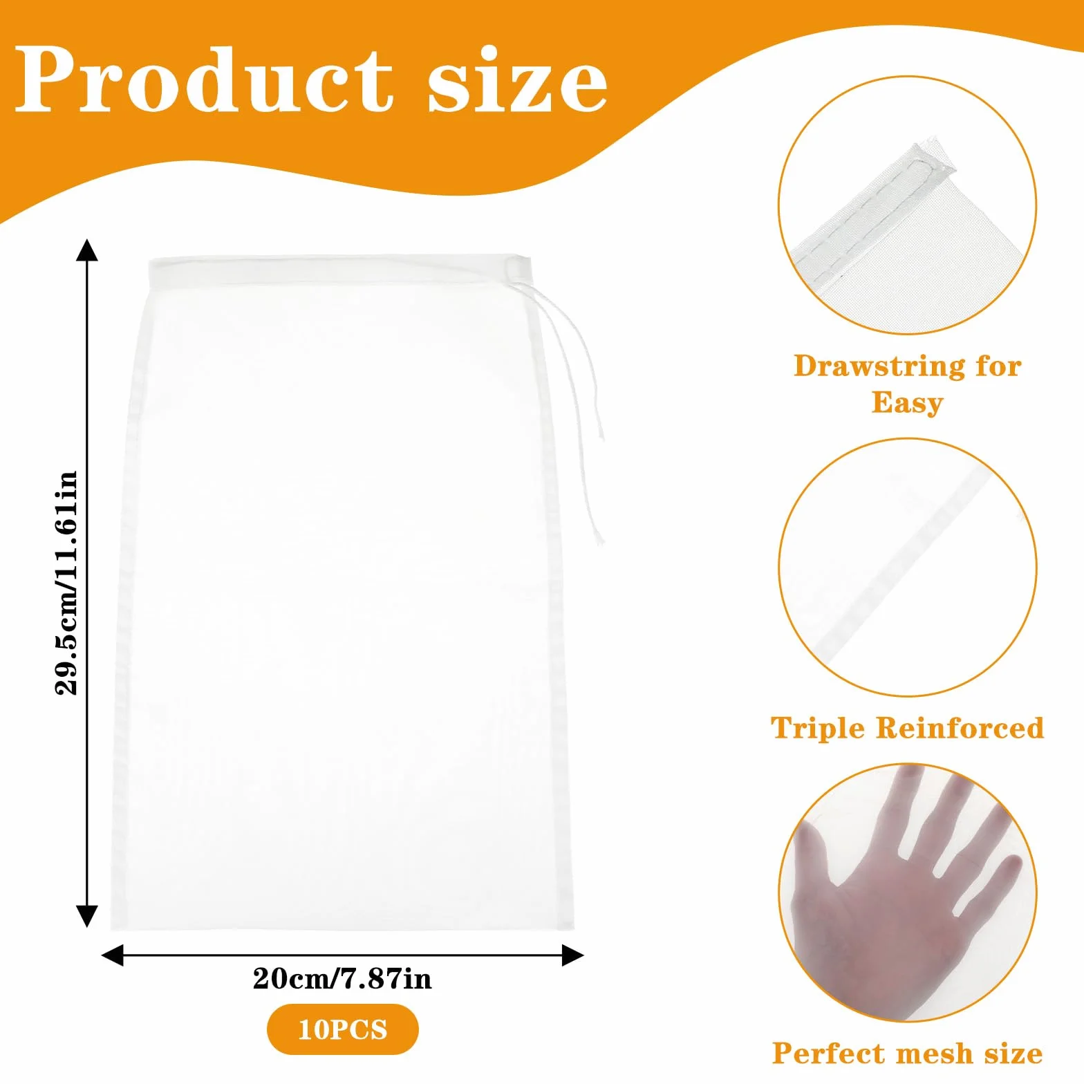 ElevateTech Worek na mleko orzechowe, wielokrotnego użytku, 30 x 20 cm, sitko do soków, drobnej siatki, nylonowe, do odcedzania, soku owocowego, sera, na zimno, do kawy, herbaty, jogurtu, 10 szt