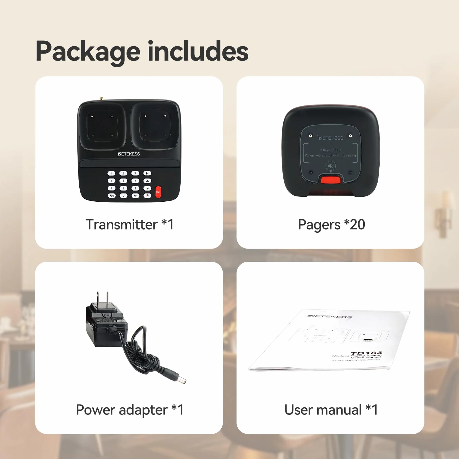 Retekess TD183 Bezprzewodowy System Przywoławczy, Pager z Podwójnym ładowaniem, Pager 30H 300mAh, FSK Long Distance 800M, Buzzer Pagera, Zapytanie o Historię Połączeń, Szpital, Logistyka