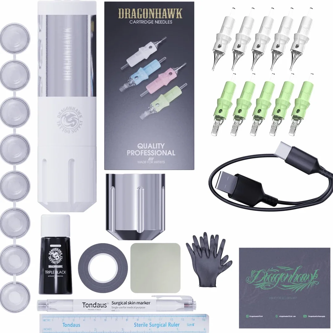 Dragonhawk S1 Plus Zestaw maseczek do tatuażu bezprzewodowy długopis obrotowy maseczka do tatuażu pistolet do tatuażu tusz do tatuażu igły dla początkujących tatuaży (biały)