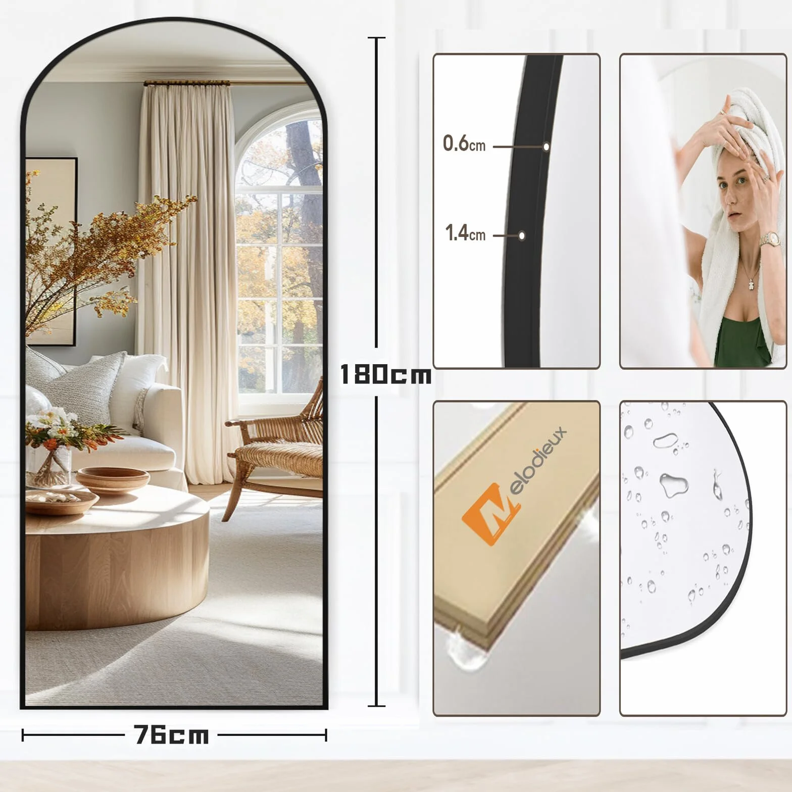 Melodieux Łuk lustro na całe ciało, pełnometrażowe, duże, wolnostojące, czarna rama aluminiowa, lustro do garderoby, montowane na ścianie, wiszące, pochylone, do salonu, sypialni