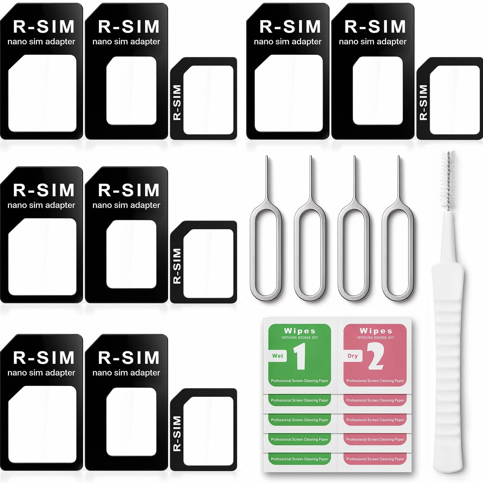 Adapter SIM 4 w 1 z przypinką do wyciągania, szczotką do czyszczenia otworu smartfona i 10 chusteczkami alkoholowymi, adapterem karty SIM do telefonu, kompatybilny ze wszystkimi smartfonami