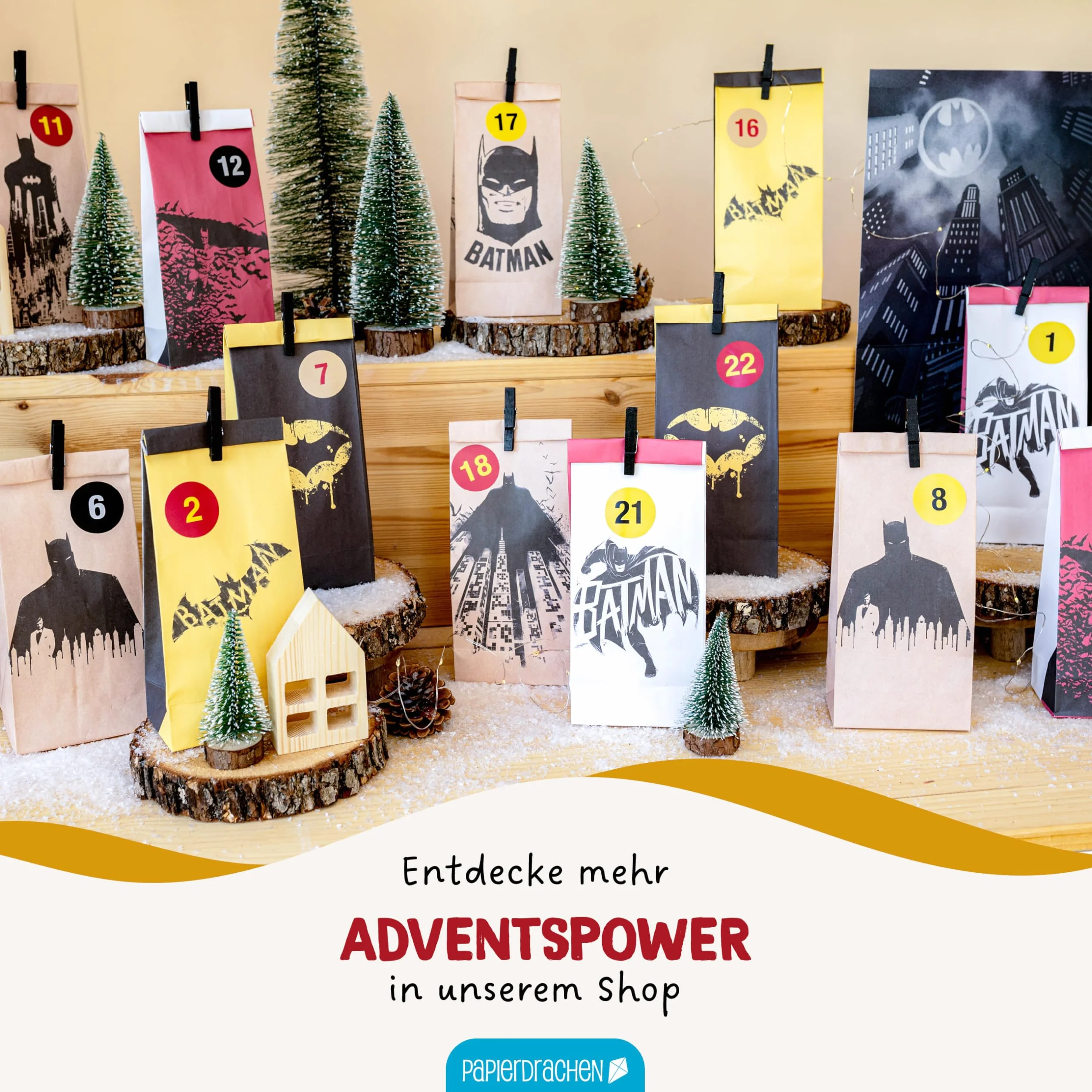 Papierdrachen Kalendarz adwentowy 2025 DC Justice League 8 wzorów zestaw zrób to sam 24 papierowe torebki naklejki drewniane klamerki