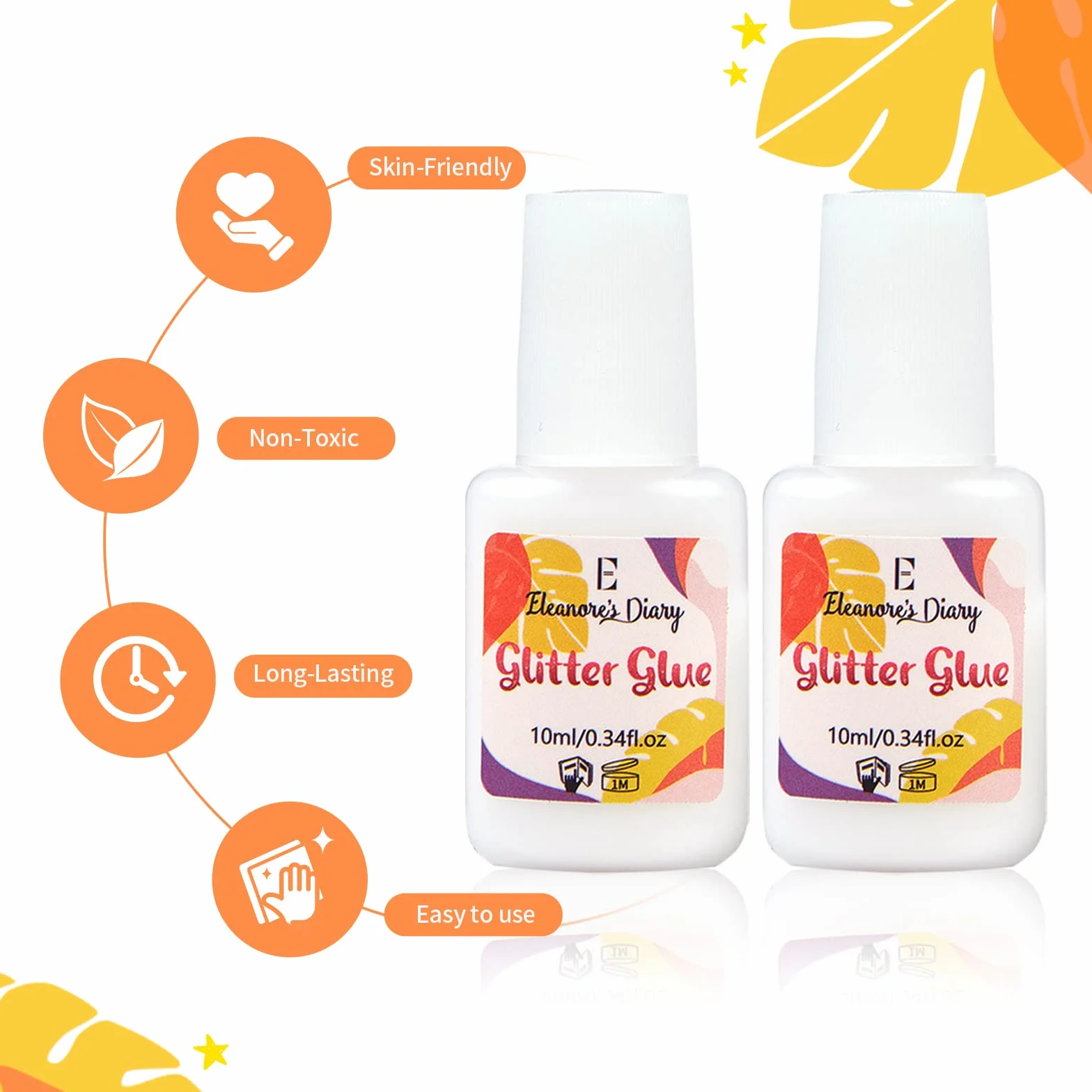 Klej do skóry z brokatem, Eleanore's Diary 10 ml*2 Glitter Glue, klej do brokatu, bezzapachowy i nietoksyczny, brokatowy klej do tatuażu na karnawał, makijaż, Halloween, Boże Narodzenie, cosplay