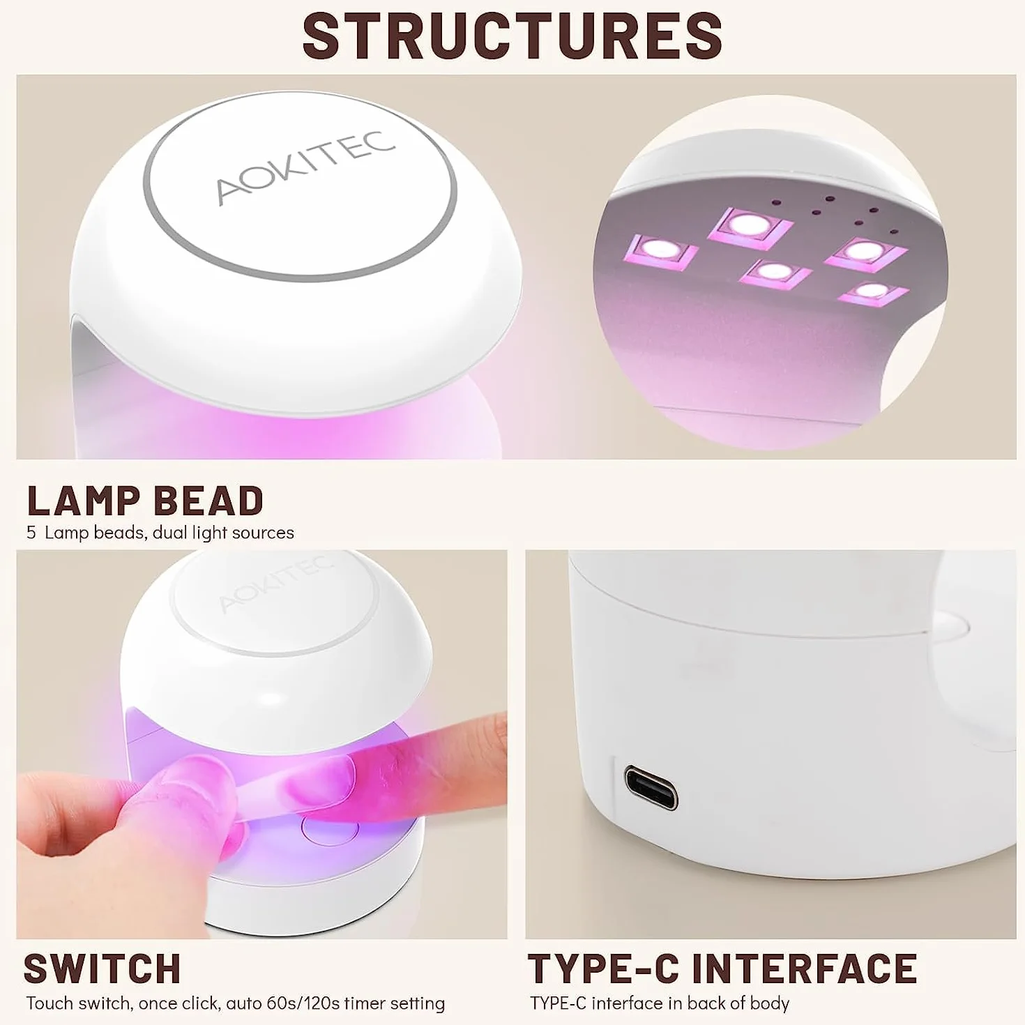 Aokitec Mini UV LED Lampa do paznokci, Szybko suche światło UV do paznokci Żel Polerowane końcówki do paznokci, Poly żywica przedłużająca, Manicure UV LED Światło Suszarka do paznokci DIY Nail Art
