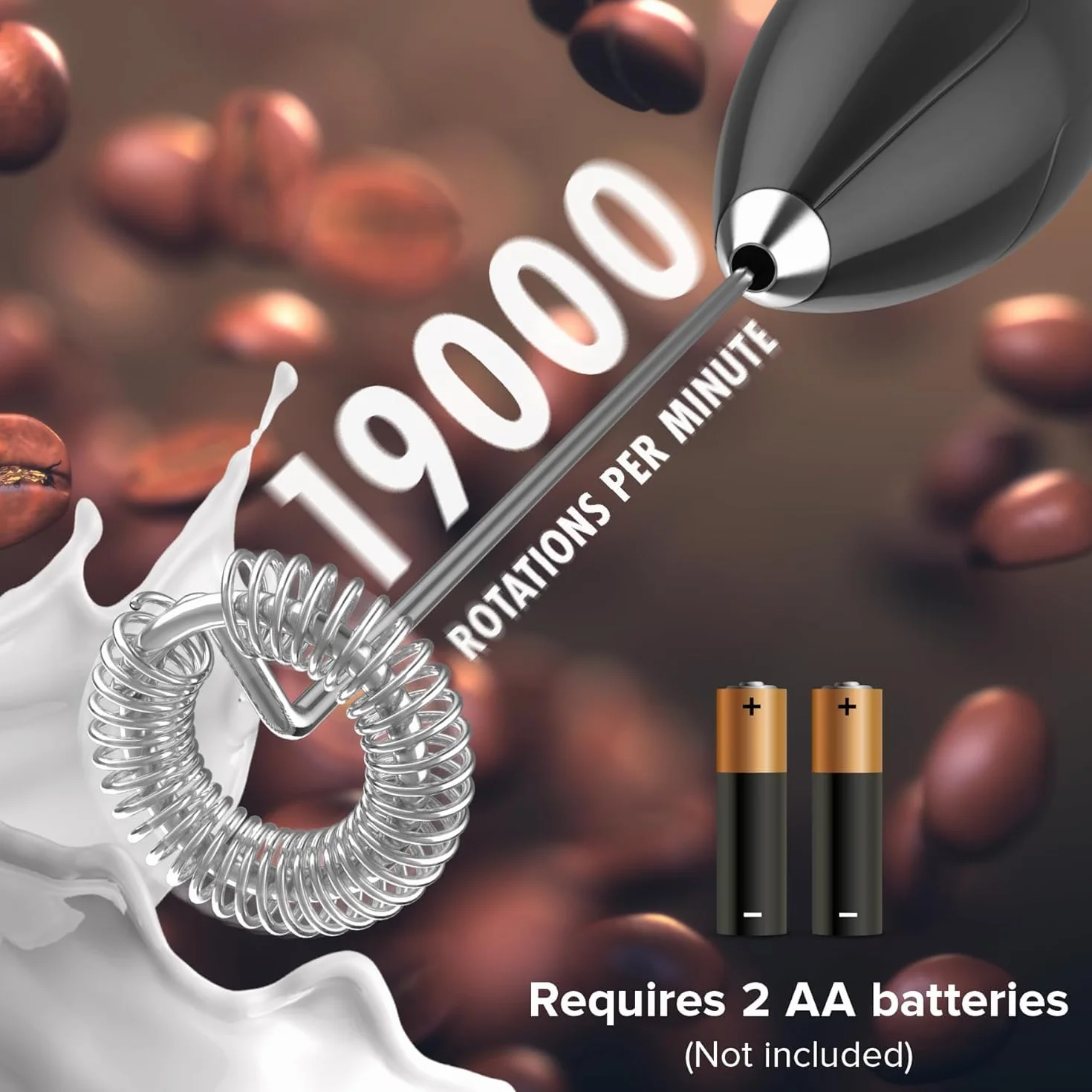 PowerLix Ręczna trzepaczka do mleka, elektryczny spieniacz ze stojakiem ze stali nierdzewnej, 19000 obr./min, mini mikser do kawy latte cappuccino (Czarny)